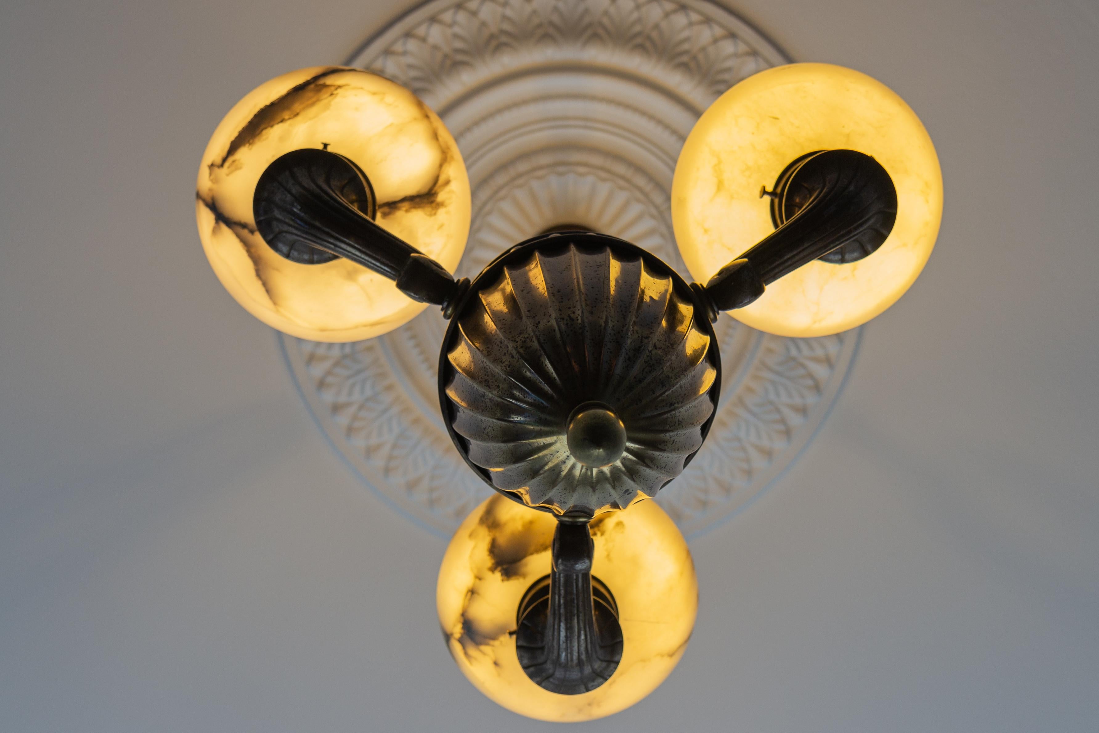Art Deco Alabaster and Brass Three-Light Chandelier, 1930s For Sale 6
