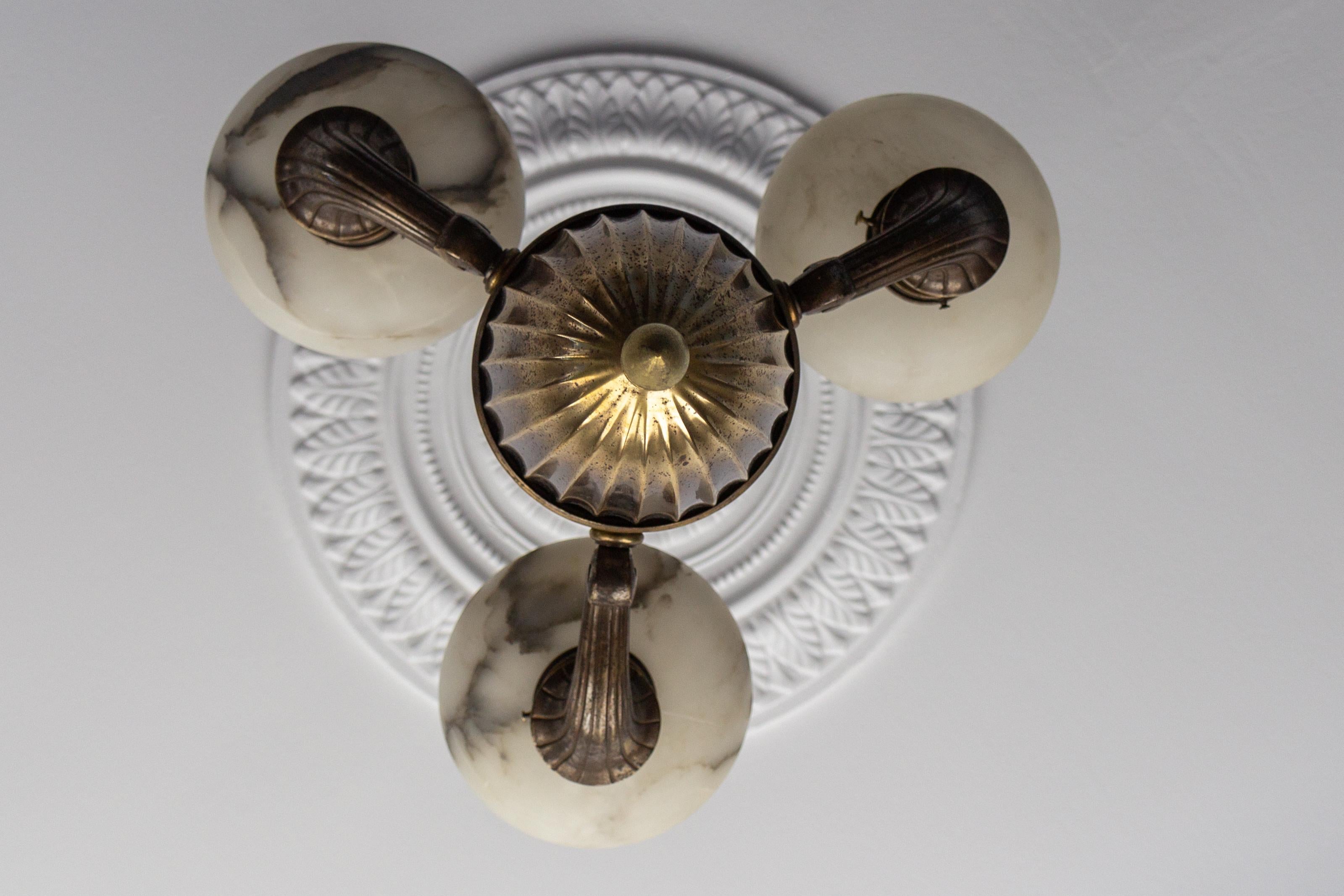Art Deco Alabaster and Brass Three-Light Chandelier, 1930s For Sale 7