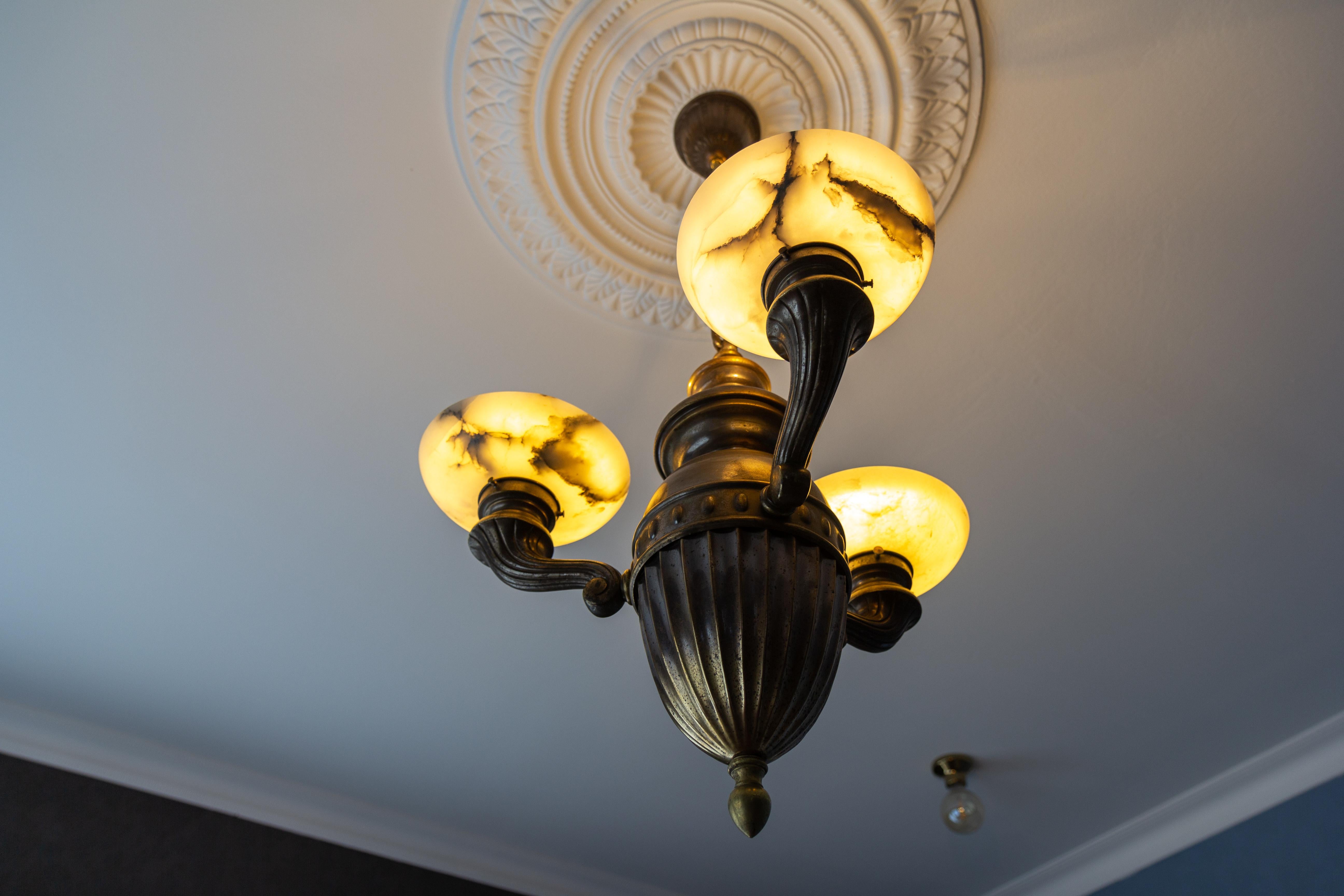 Art Deco Alabaster and Brass Three-Light Chandelier, 1930s For Sale 8