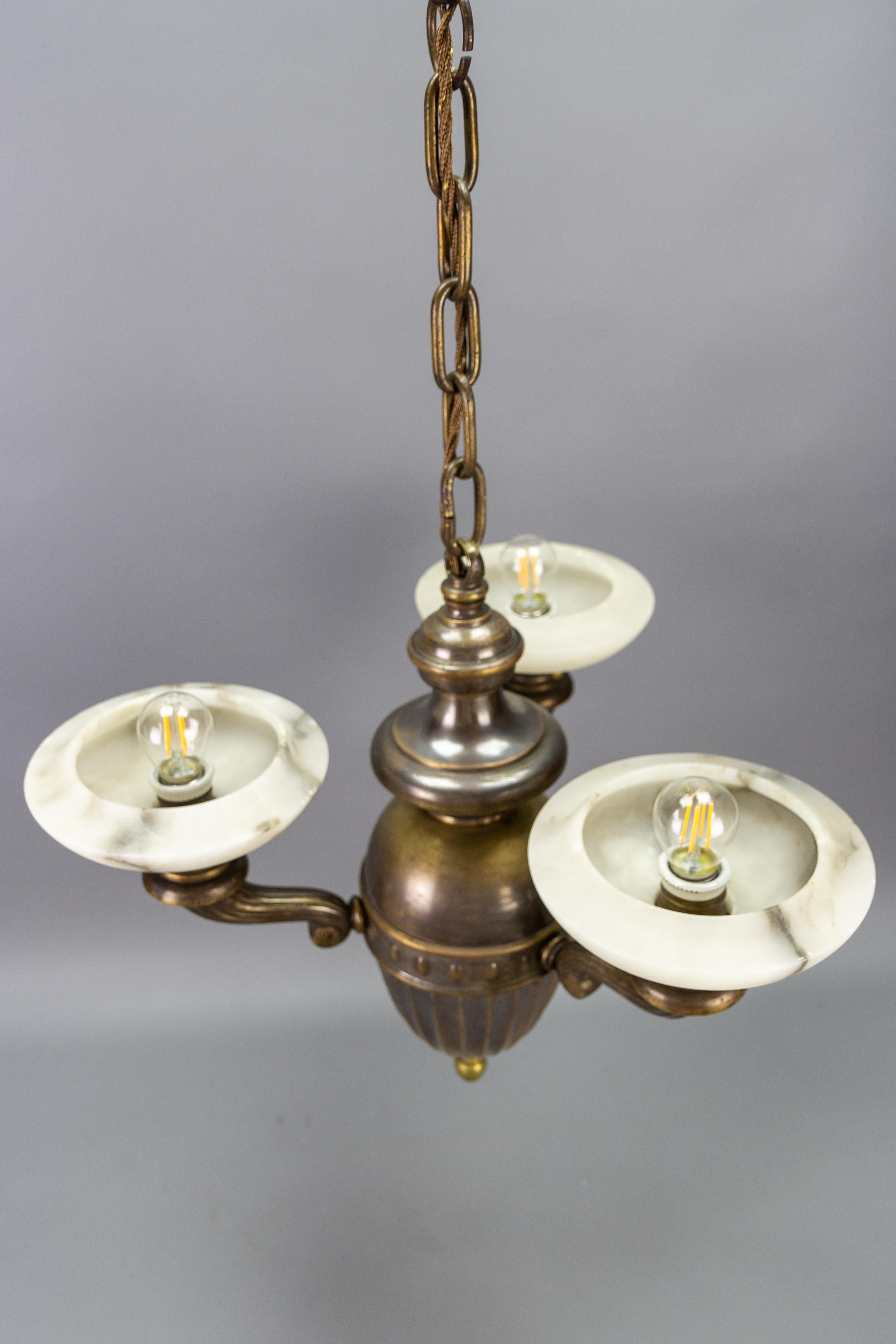 Art Deco Alabaster and Brass Three-Light Chandelier, 1930s For Sale 10