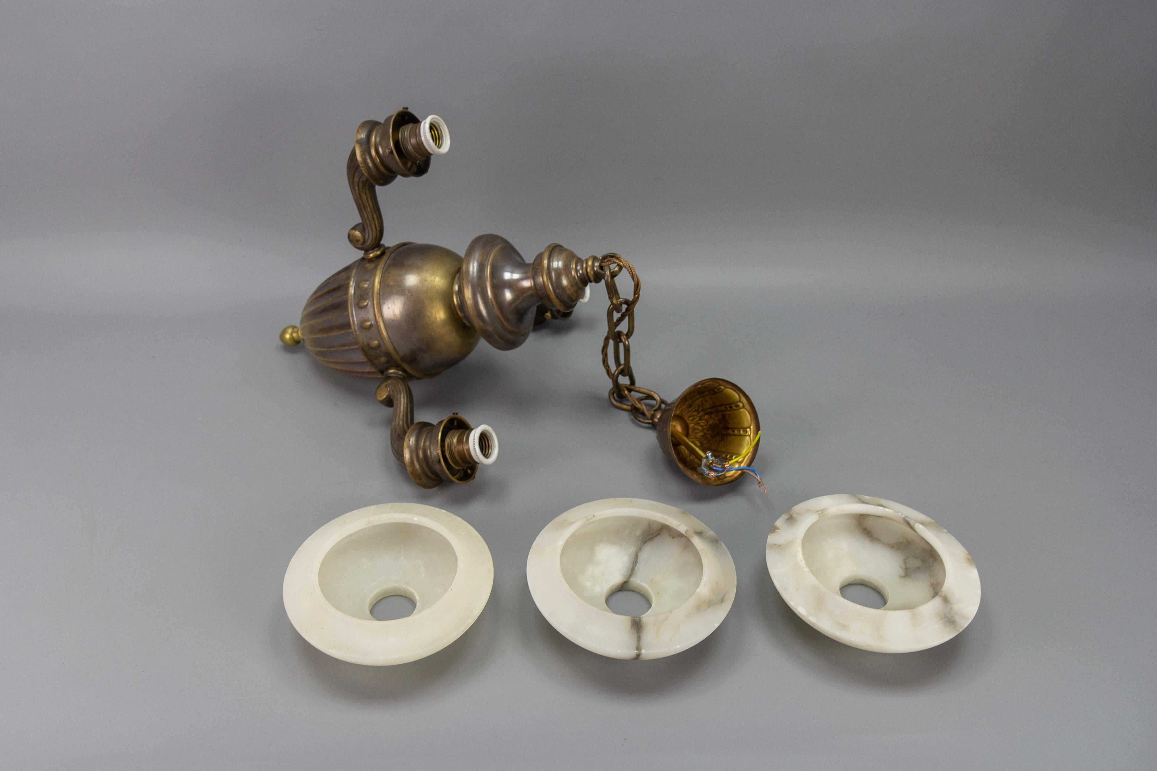 Art Deco Alabaster and Brass Three-Light Chandelier, 1930s For Sale 11