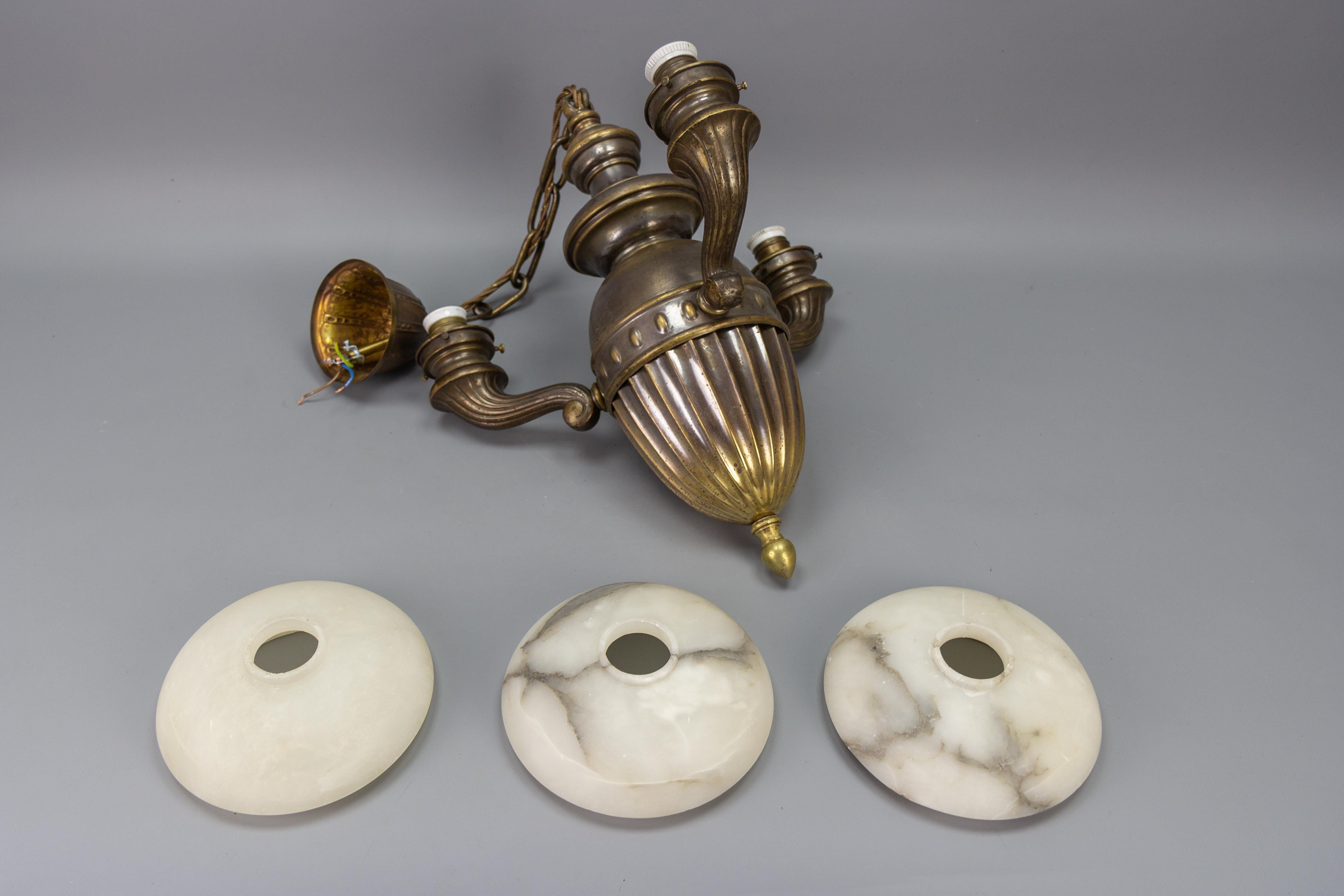 Art Deco Alabaster and Brass Three-Light Chandelier, 1930s For Sale 12