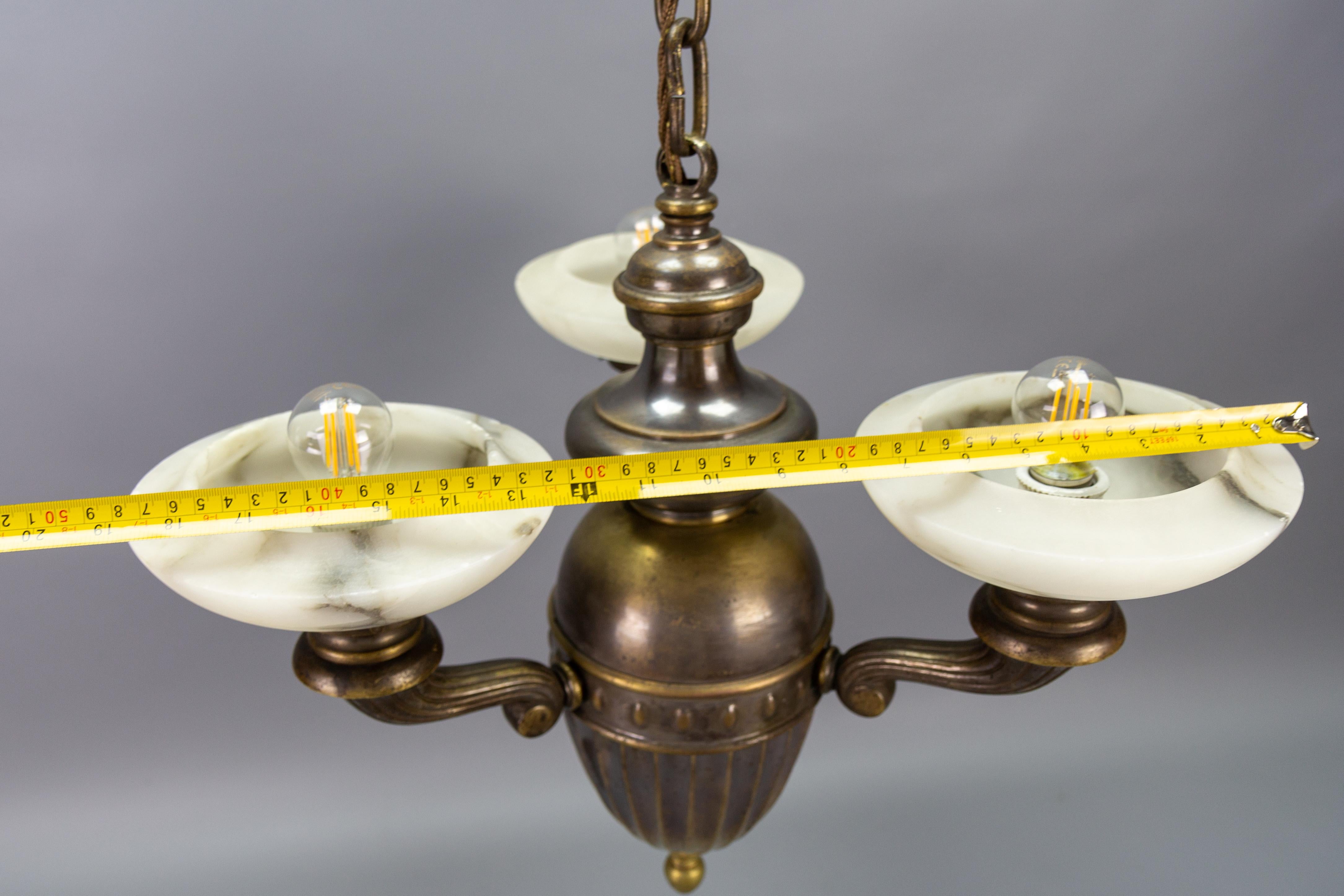 Art Deco Alabaster and Brass Three-Light Chandelier, 1930s For Sale 13