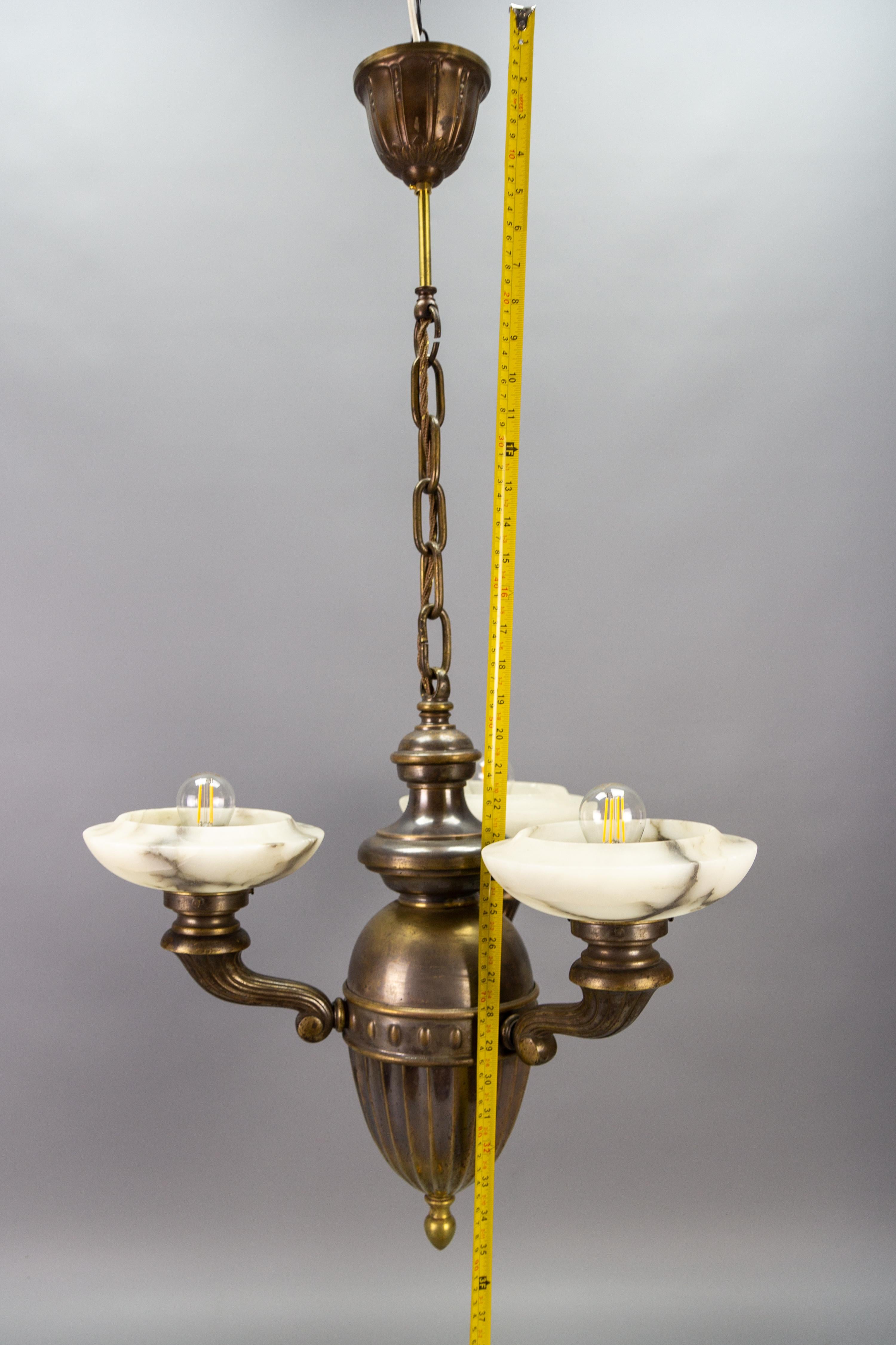 Art Deco Alabaster and Brass Three-Light Chandelier, 1930s For Sale 14