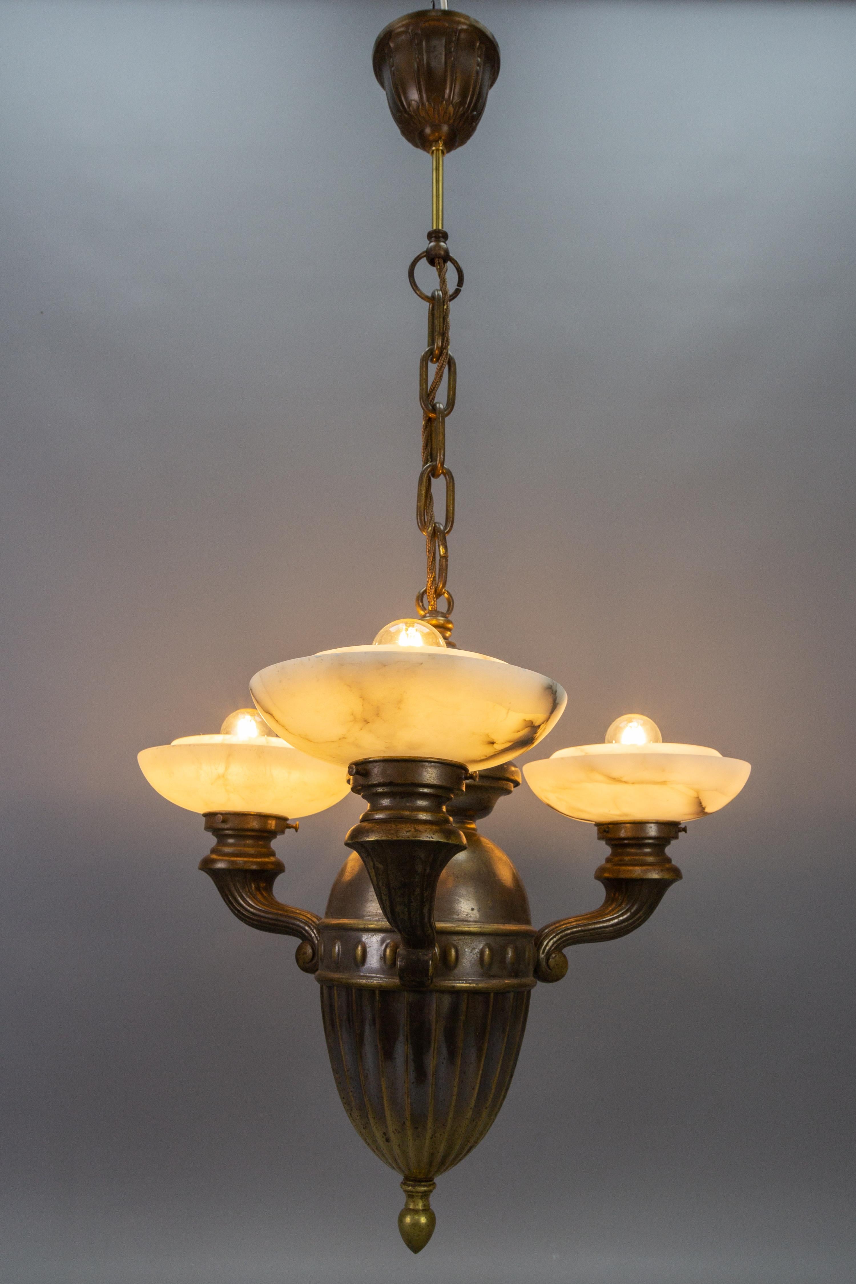 German Art Deco Alabaster and Brass Three-Light Chandelier, 1930s For Sale