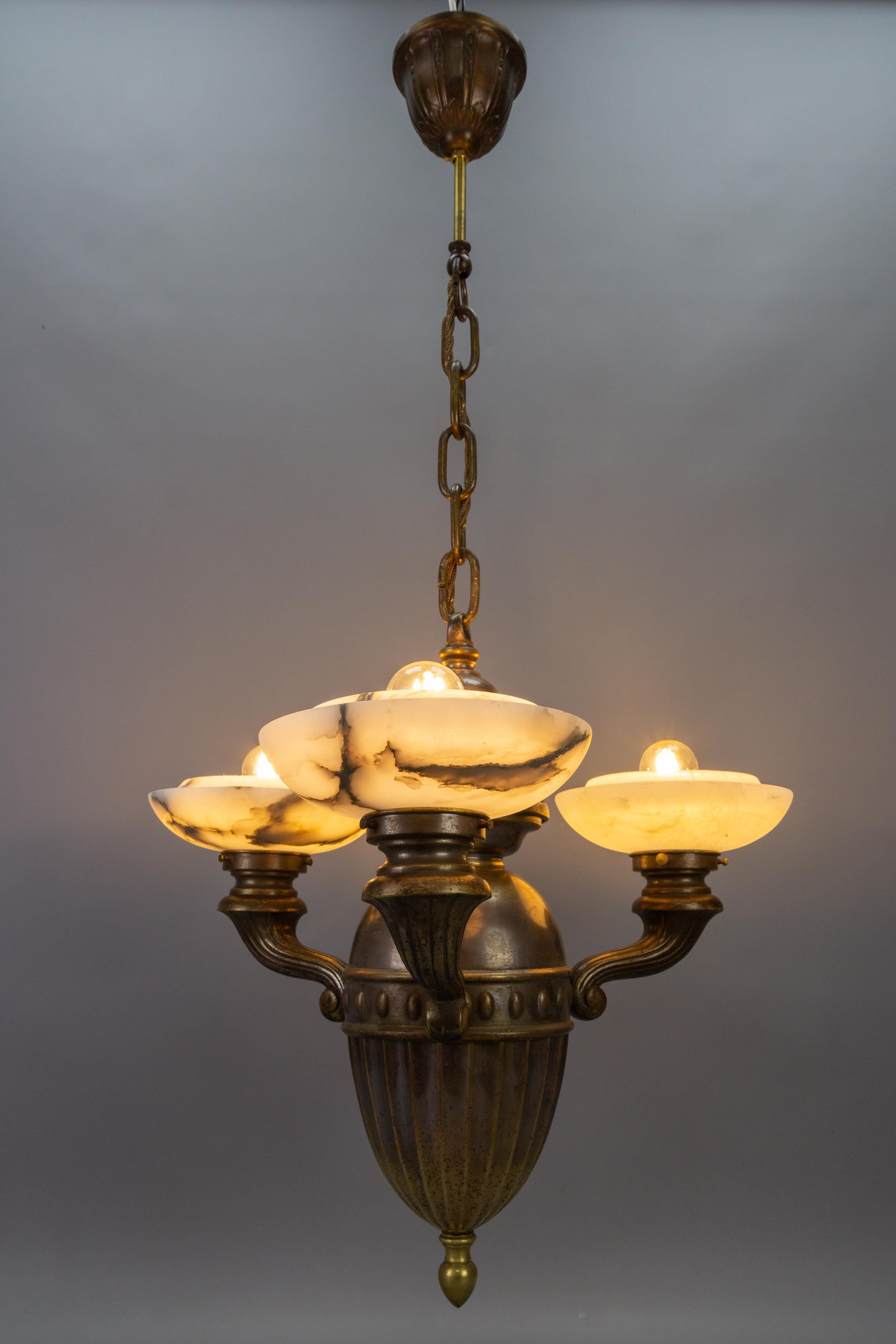 Mid-20th Century Art Deco Alabaster and Brass Three-Light Chandelier, 1930s For Sale