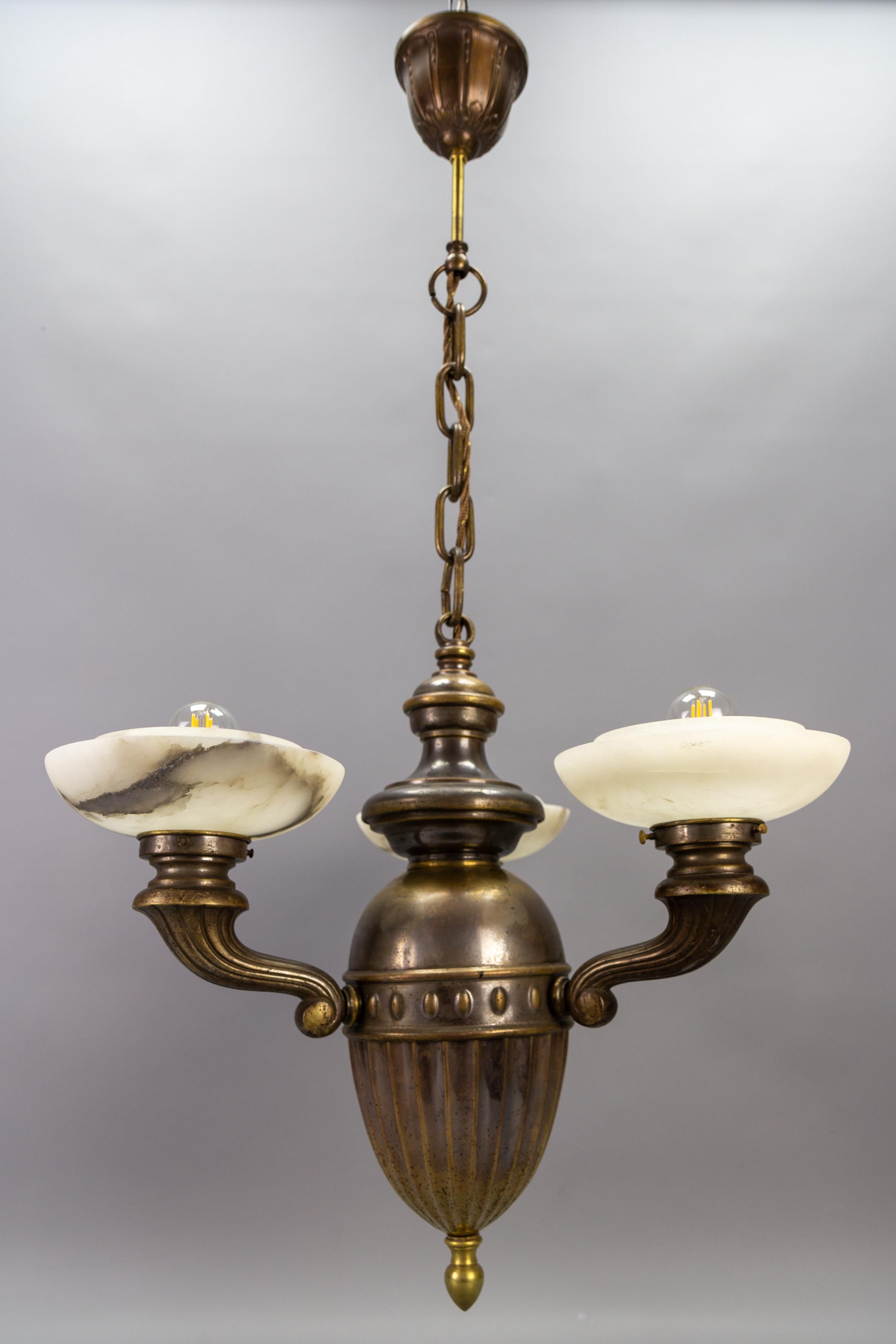 Metal Art Deco Alabaster and Brass Three-Light Chandelier, 1930s For Sale