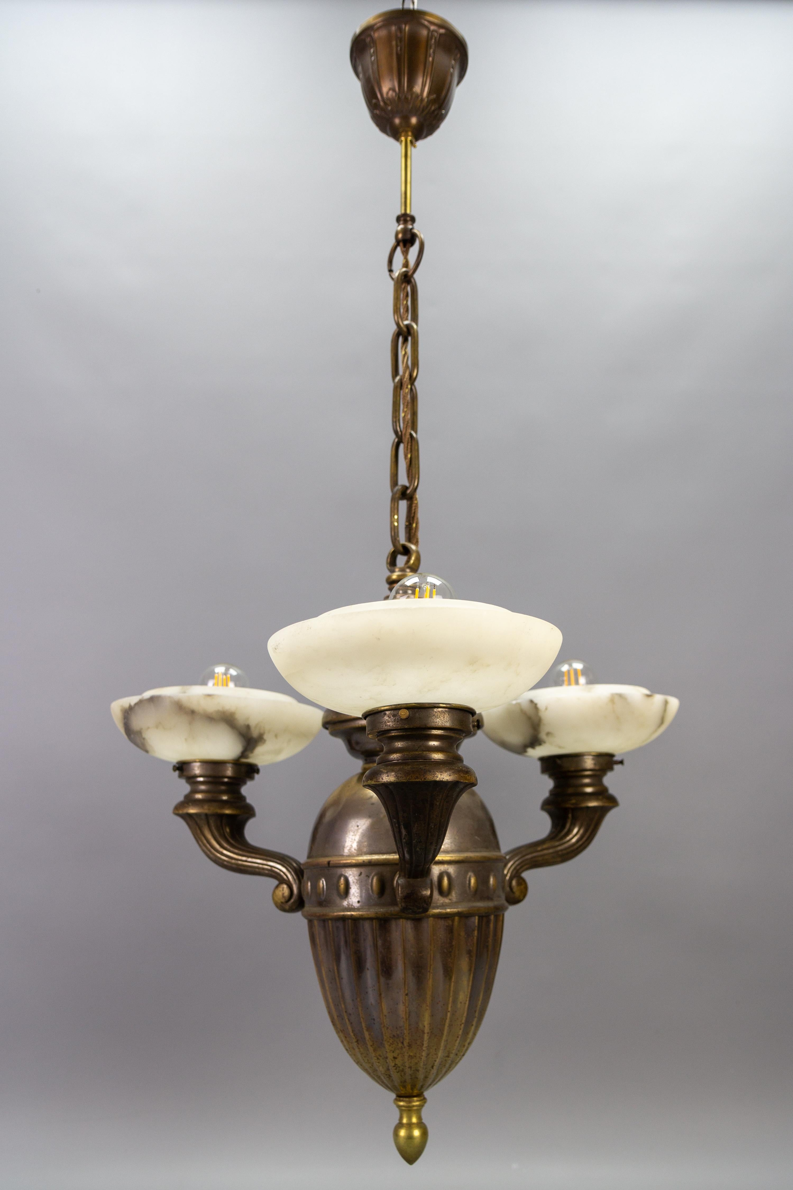 Art Deco Alabaster and Brass Three-Light Chandelier, 1930s For Sale 1