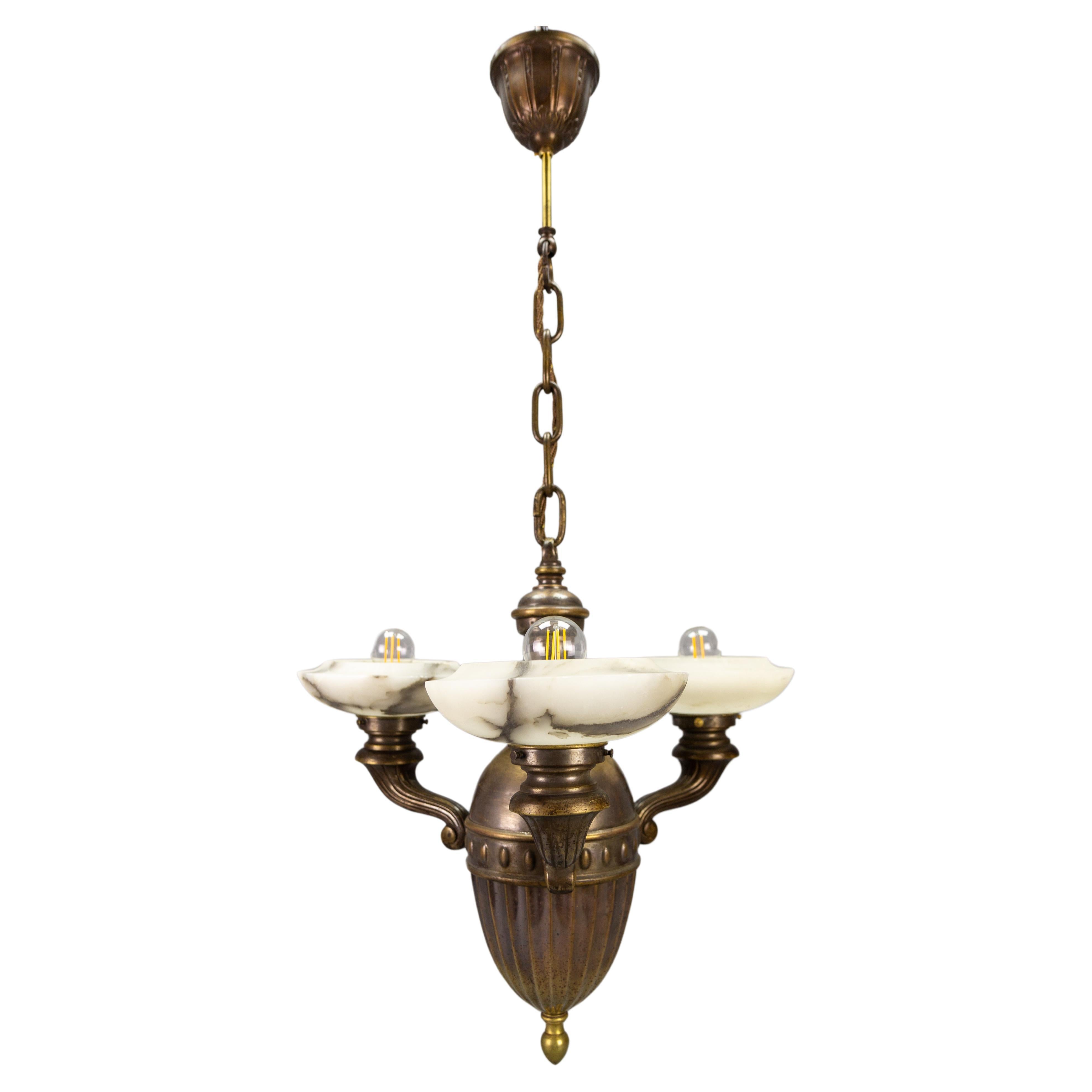 Art Deco Alabaster and Brass Three-Light Chandelier, 1930s For Sale