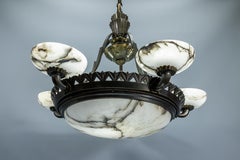 Art Deco Alabaster and Bronze Six-Light Chandelier, Sculptural Design, 1920s