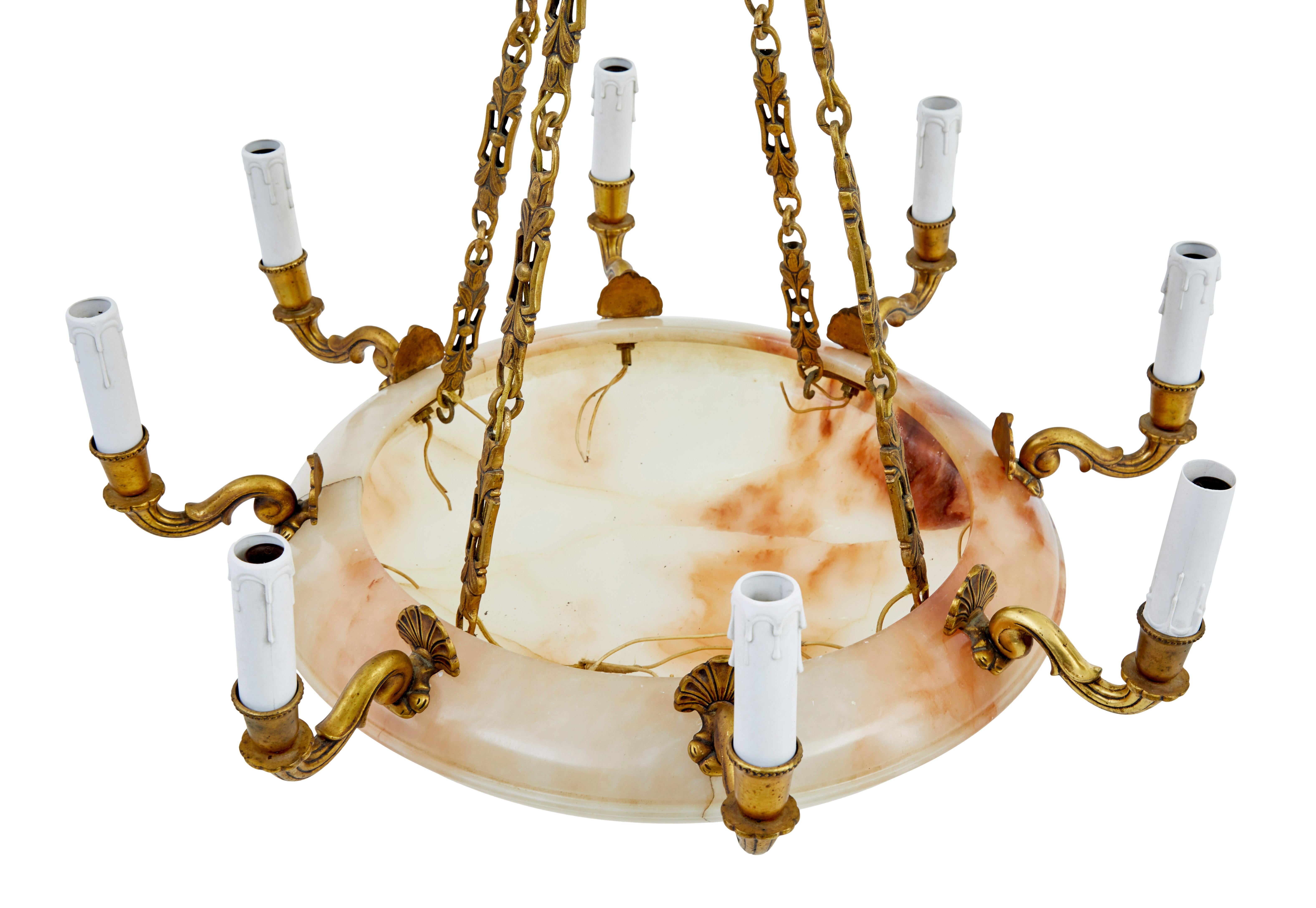 Art Deco Art deco alabaster and ormolu chandelier light For Sale