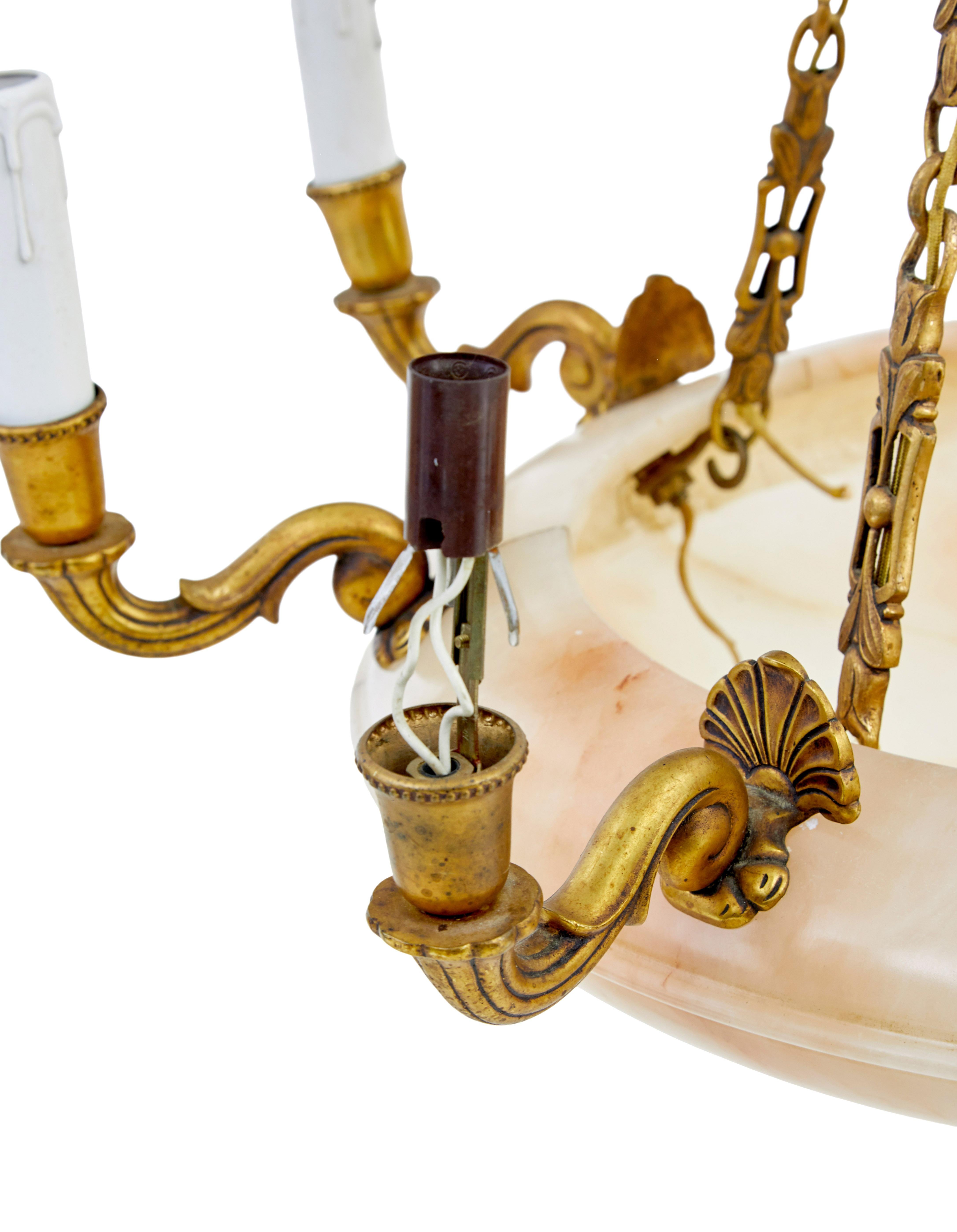 Art deco alabaster and ormolu chandelier light In Good Condition For Sale In Debenham, Suffolk