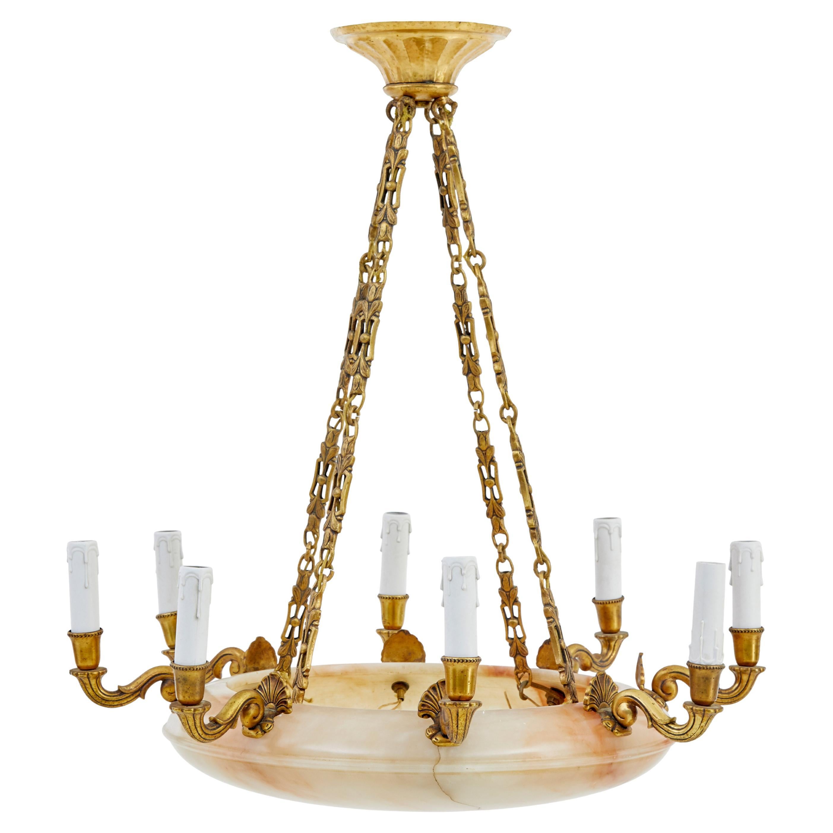 Art deco alabaster and ormolu chandelier light For Sale