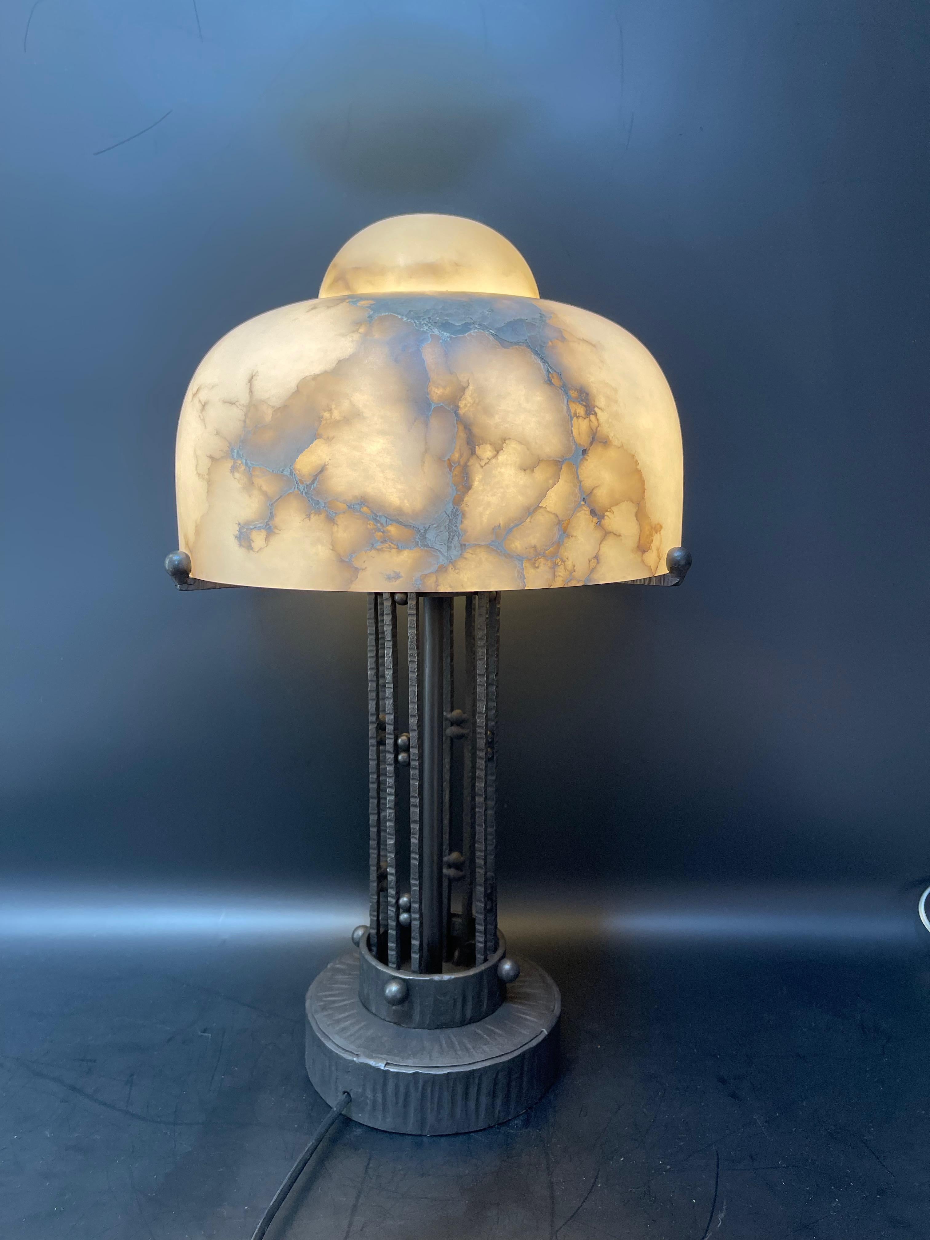 French Art Deco Alabaster and Wrought Iron Lamp For Sale