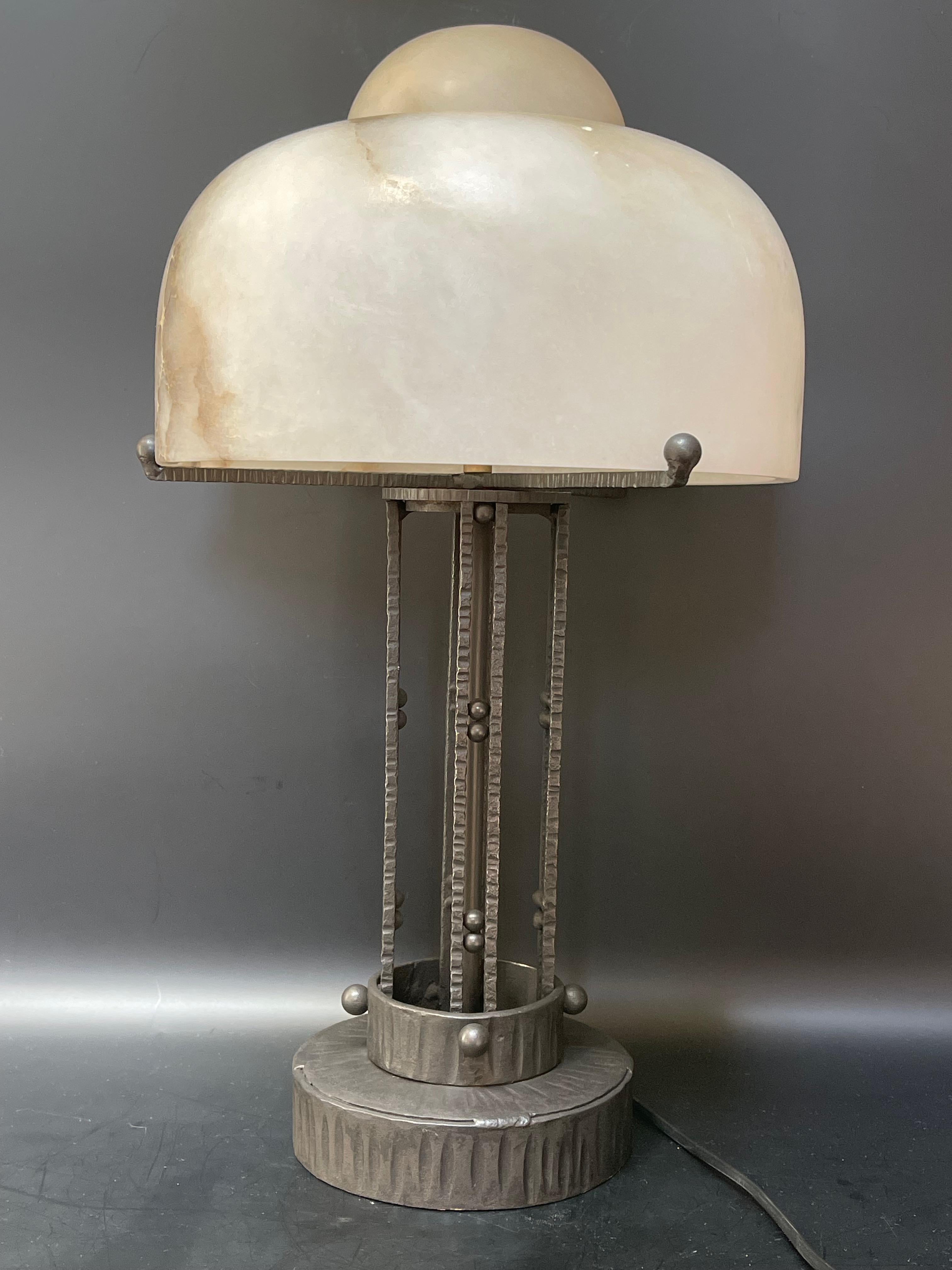 20th Century Art Deco Alabaster and Wrought Iron Lamp For Sale