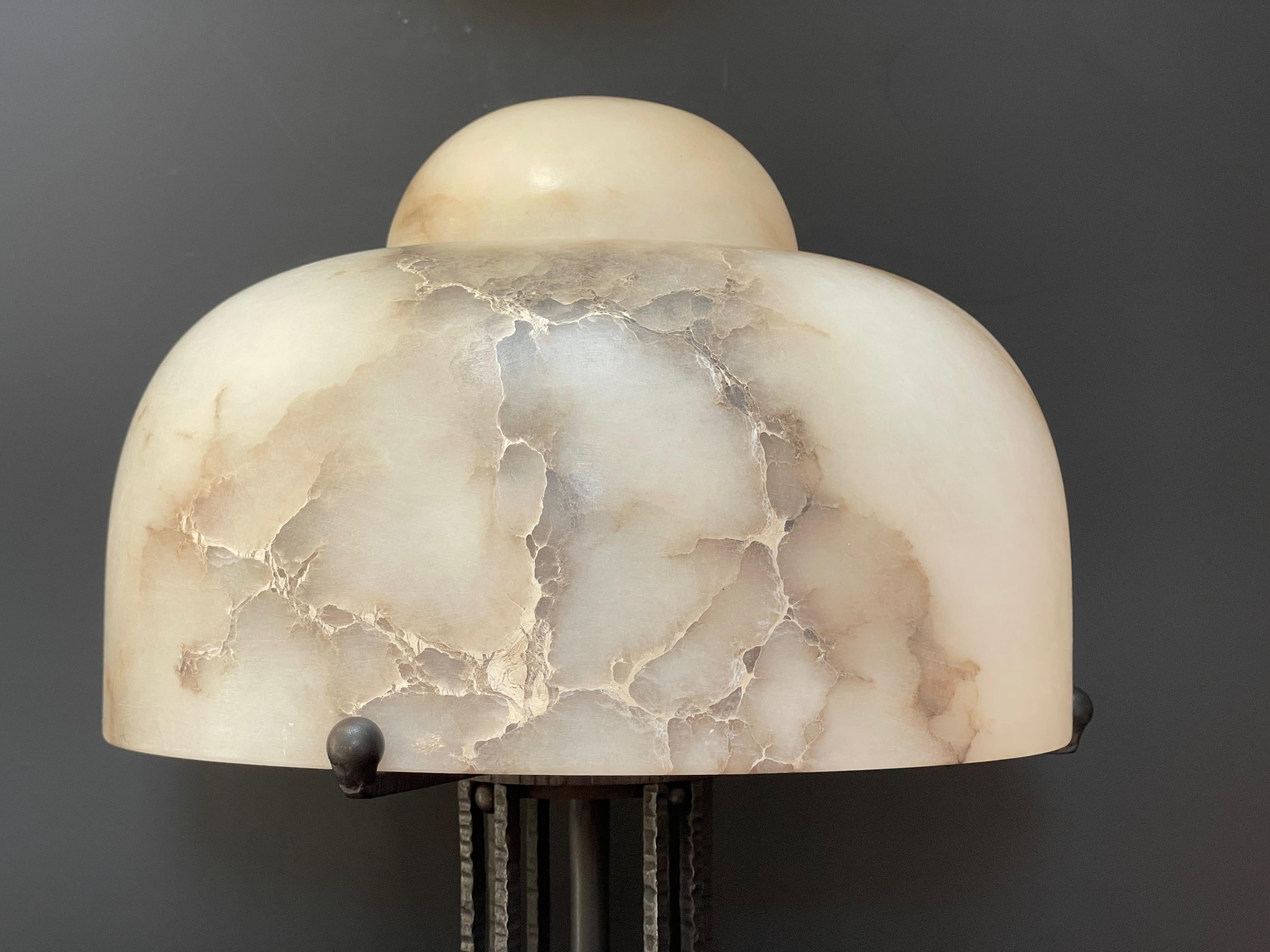 Art Deco Alabaster and Wrought Iron Lamp For Sale 3