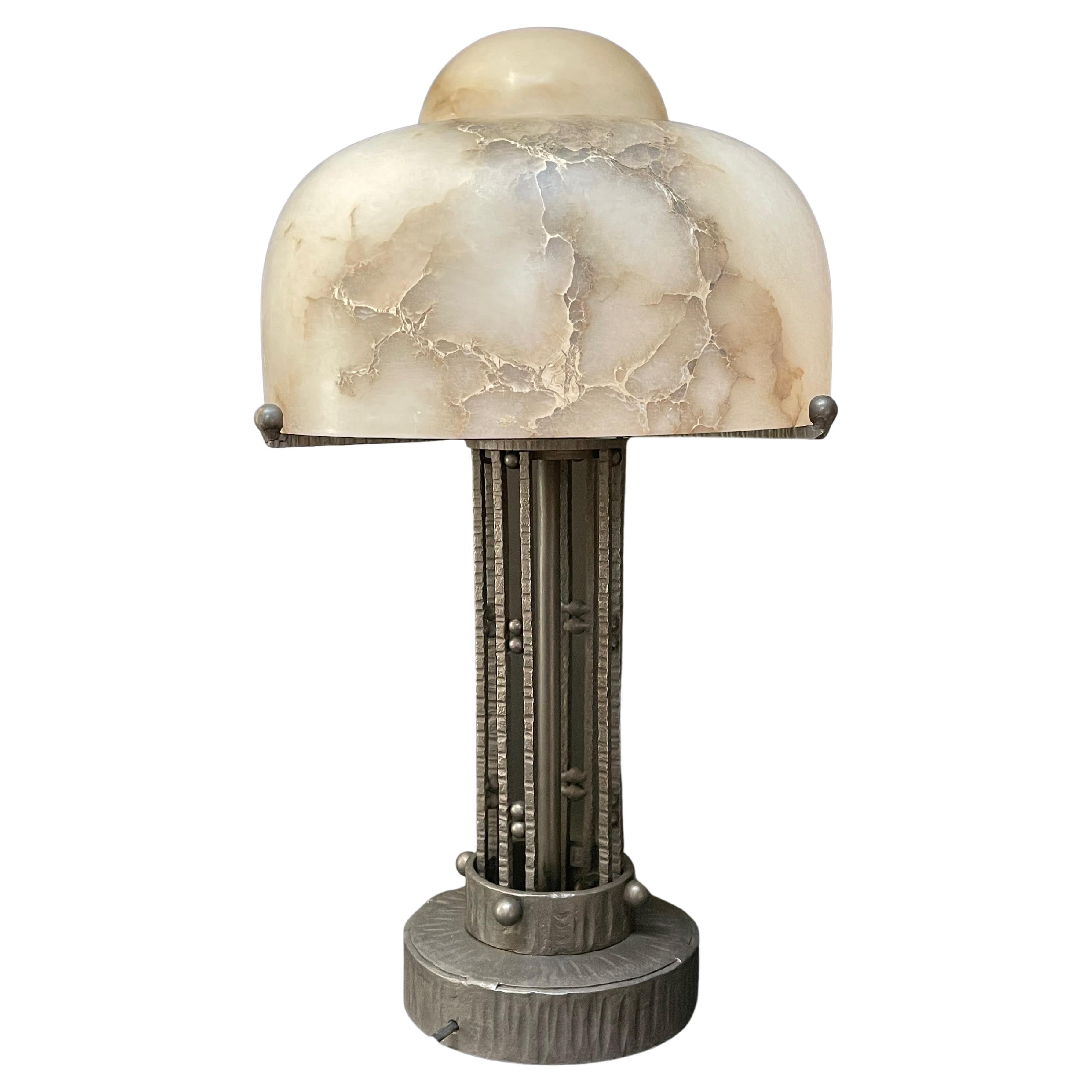 Art Deco Alabaster and Wrought Iron Lamp For Sale