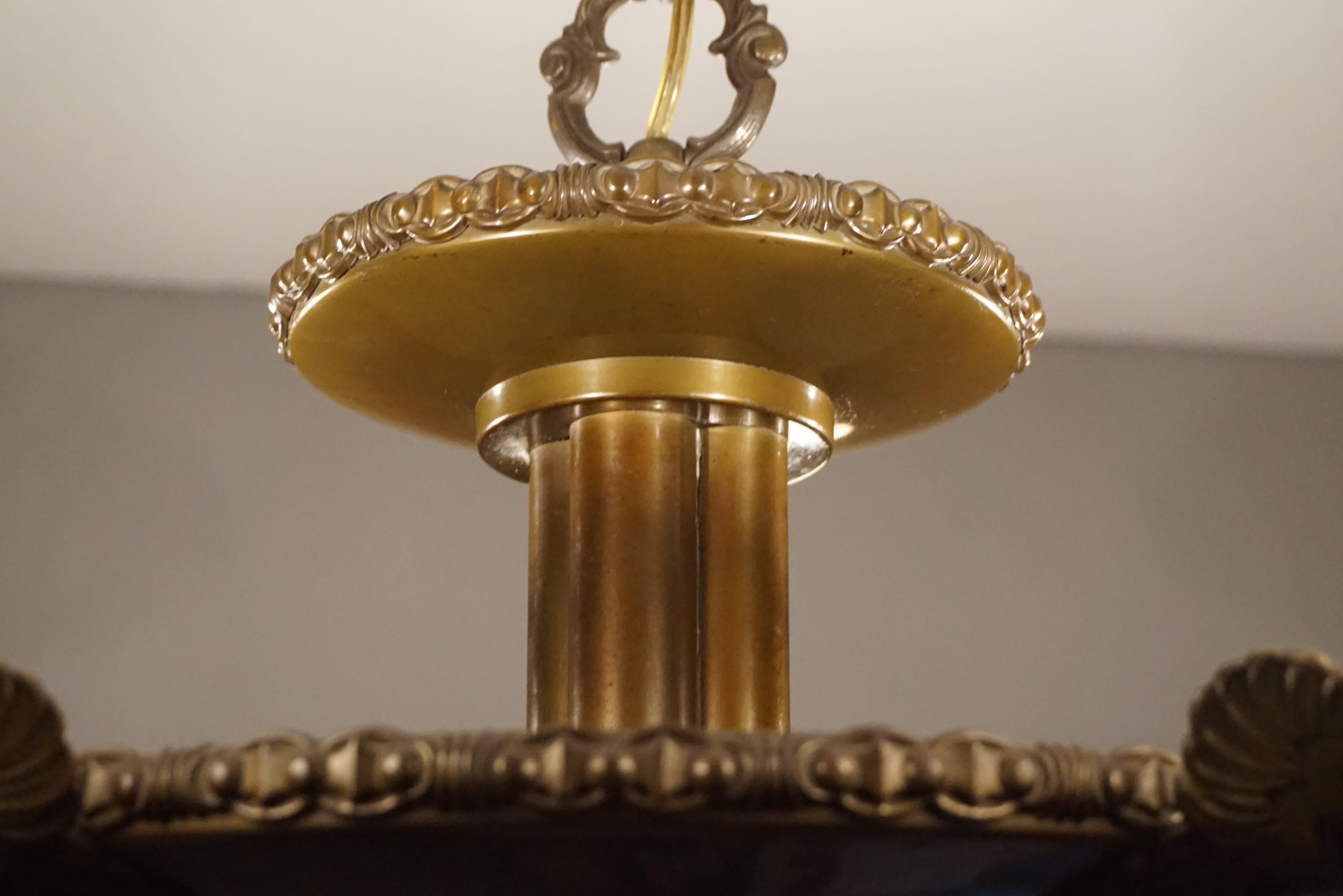Art Deco Alabaster, Bronze & Brass Pendant / Chandelier Beautiful Shape & Color For Sale 3