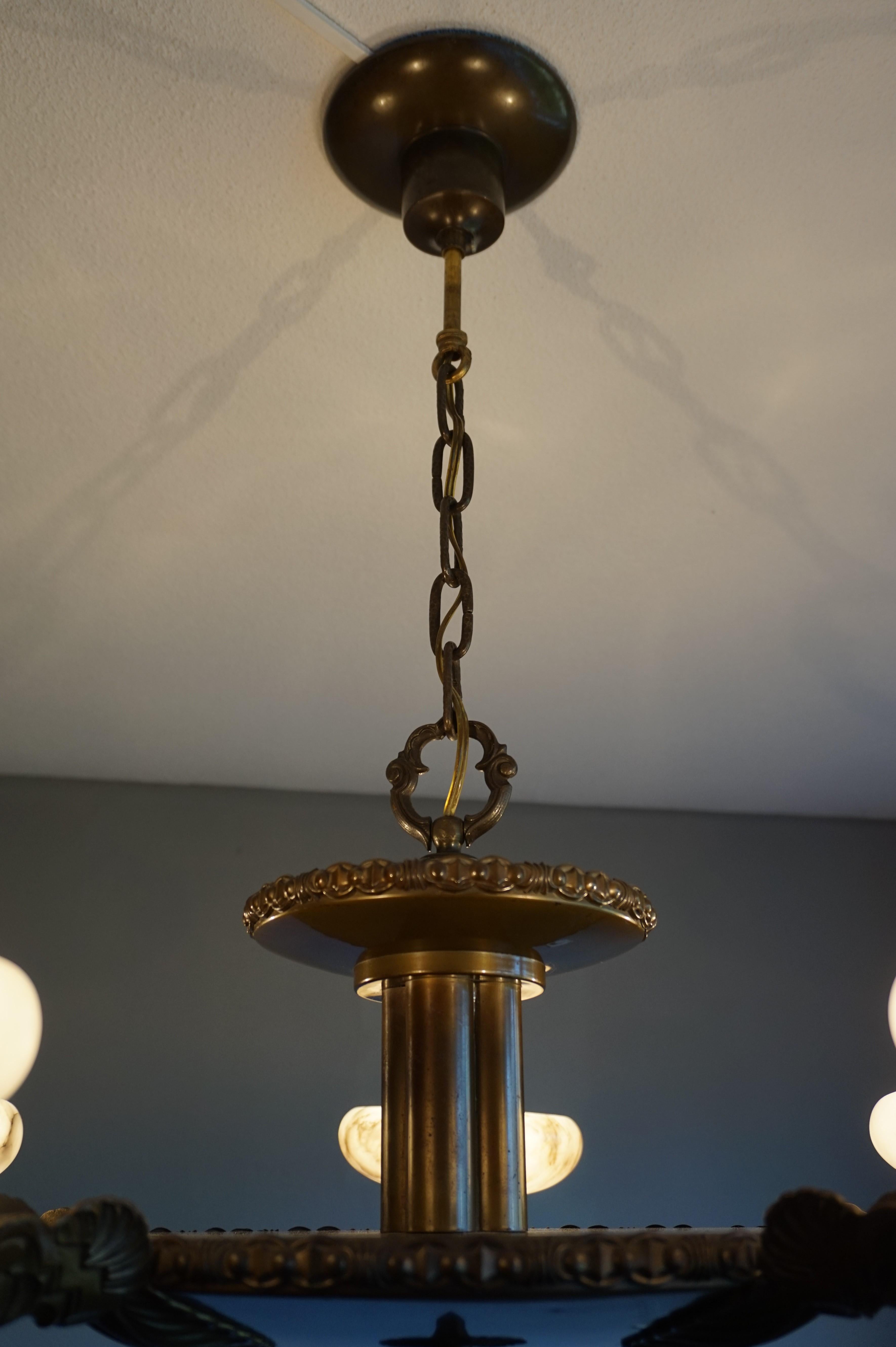 Art Deco Alabaster, Bronze & Brass Pendant / Chandelier Beautiful Shape & Color For Sale 7