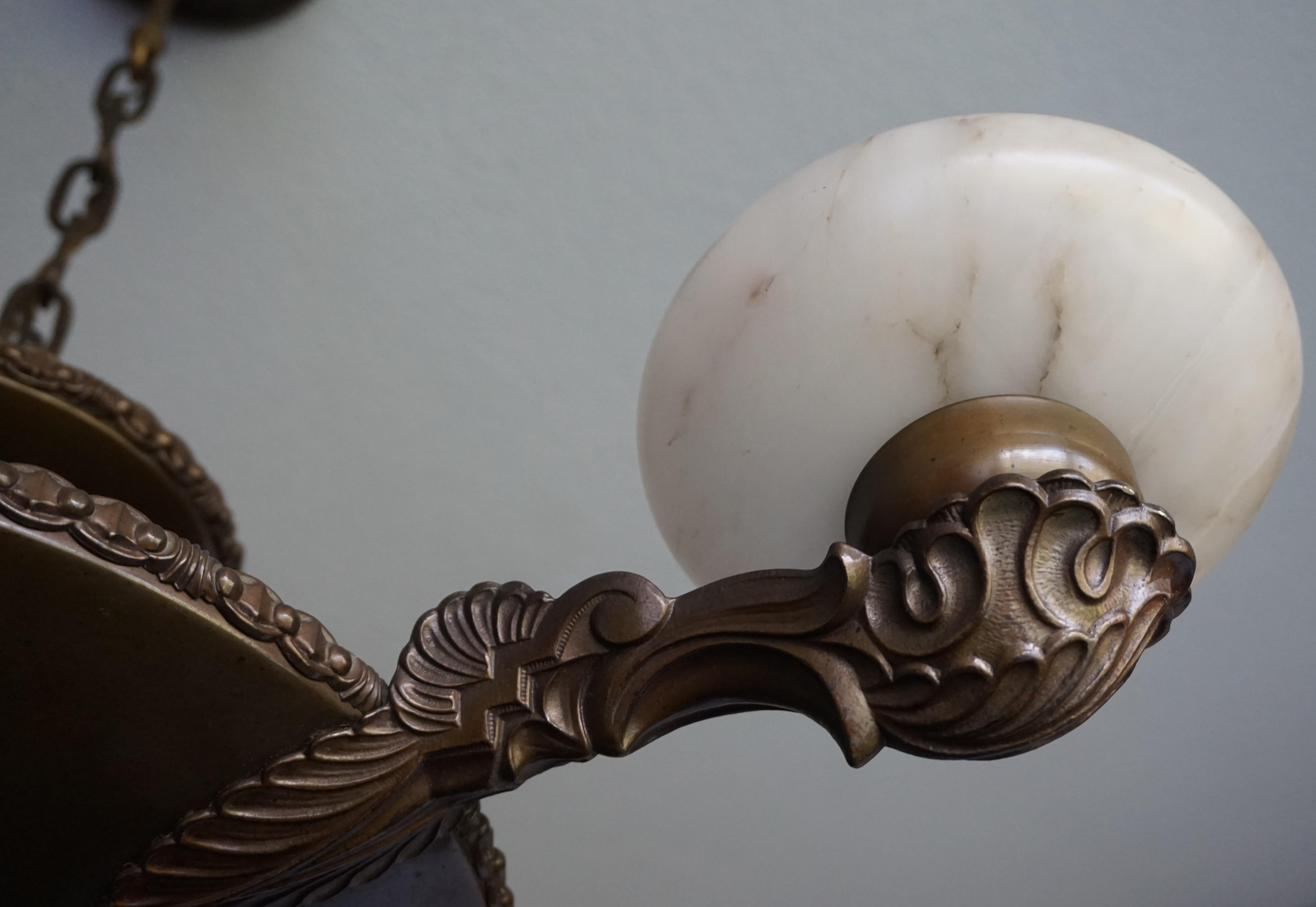 Art Deco Alabaster, Bronze & Brass Pendant / Chandelier Beautiful Shape & Color For Sale 10