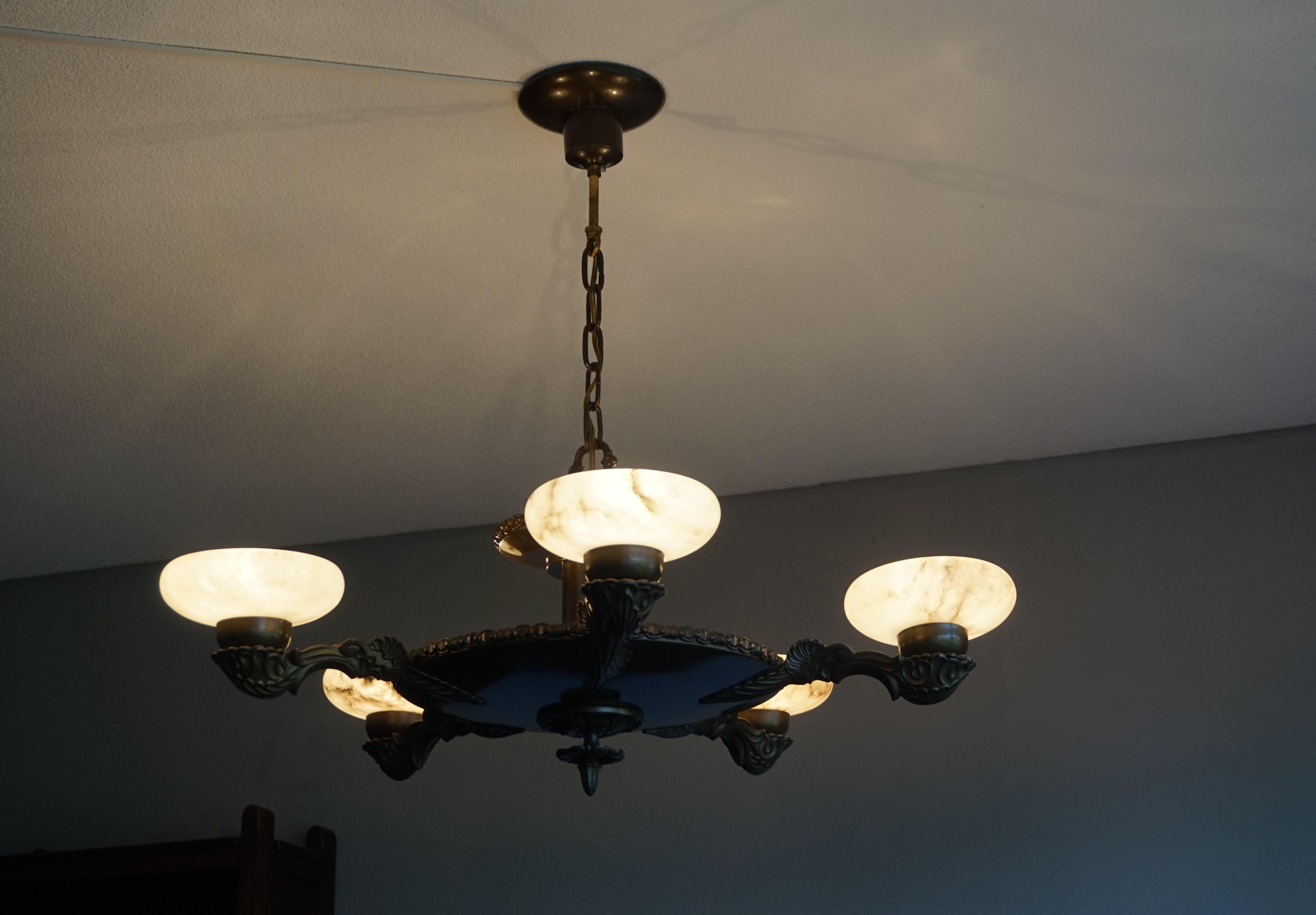 Art Deco Alabaster, Bronze & Brass Pendant / Chandelier Beautiful Shape & Color For Sale 12