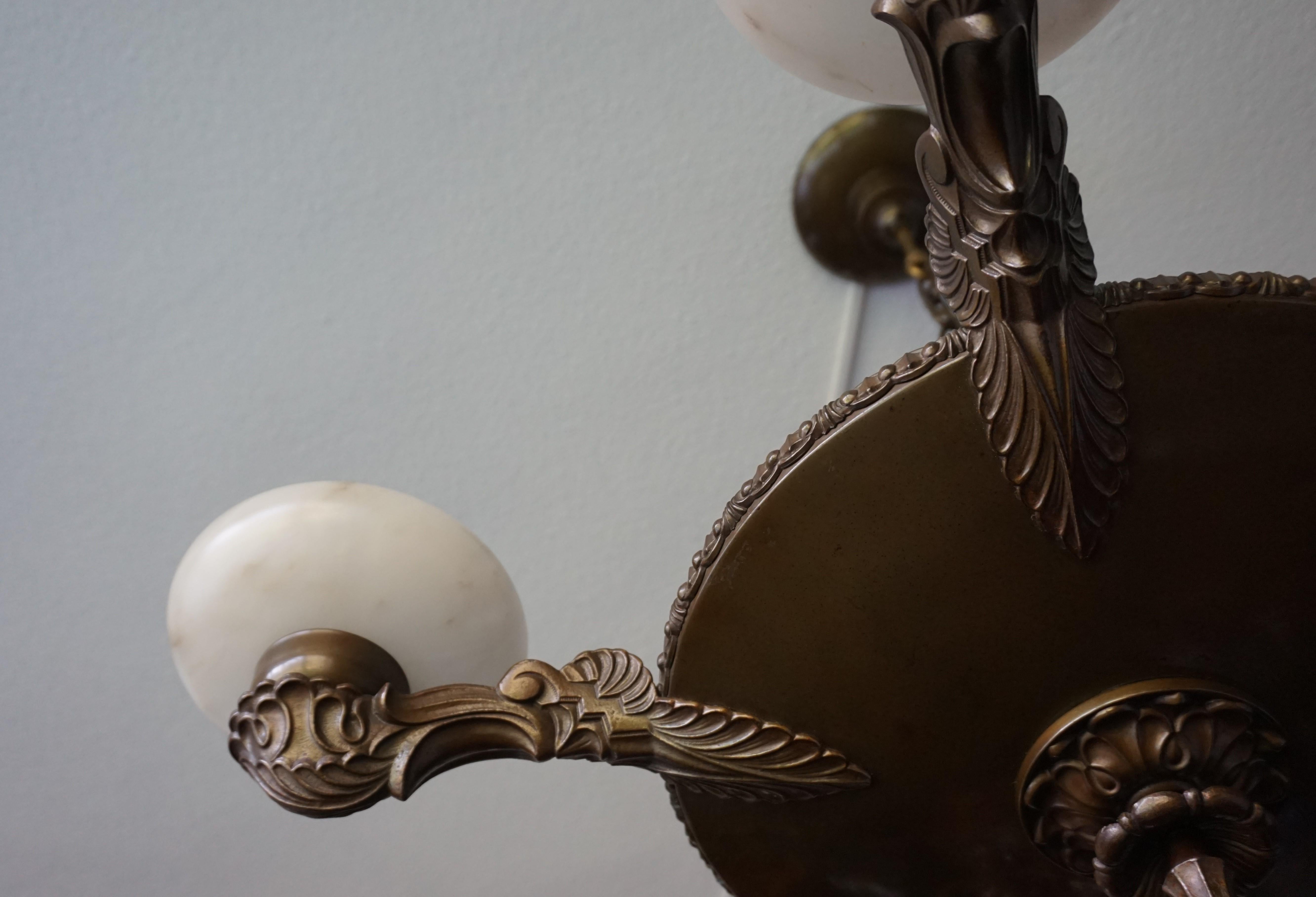 Hand-Carved Art Deco Alabaster, Bronze & Brass Pendant / Chandelier Beautiful Shape & Color For Sale
