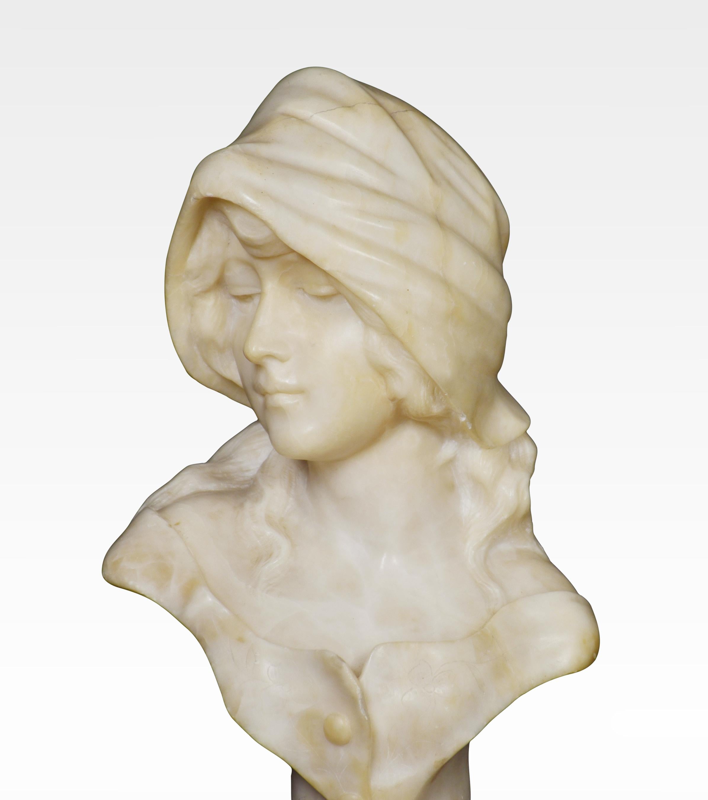 An Art Deco Alabaster bust of a hooded female on spiral base.
Dimensions
Height 15 inches
Width 8 inches
Depth 6 inches.
