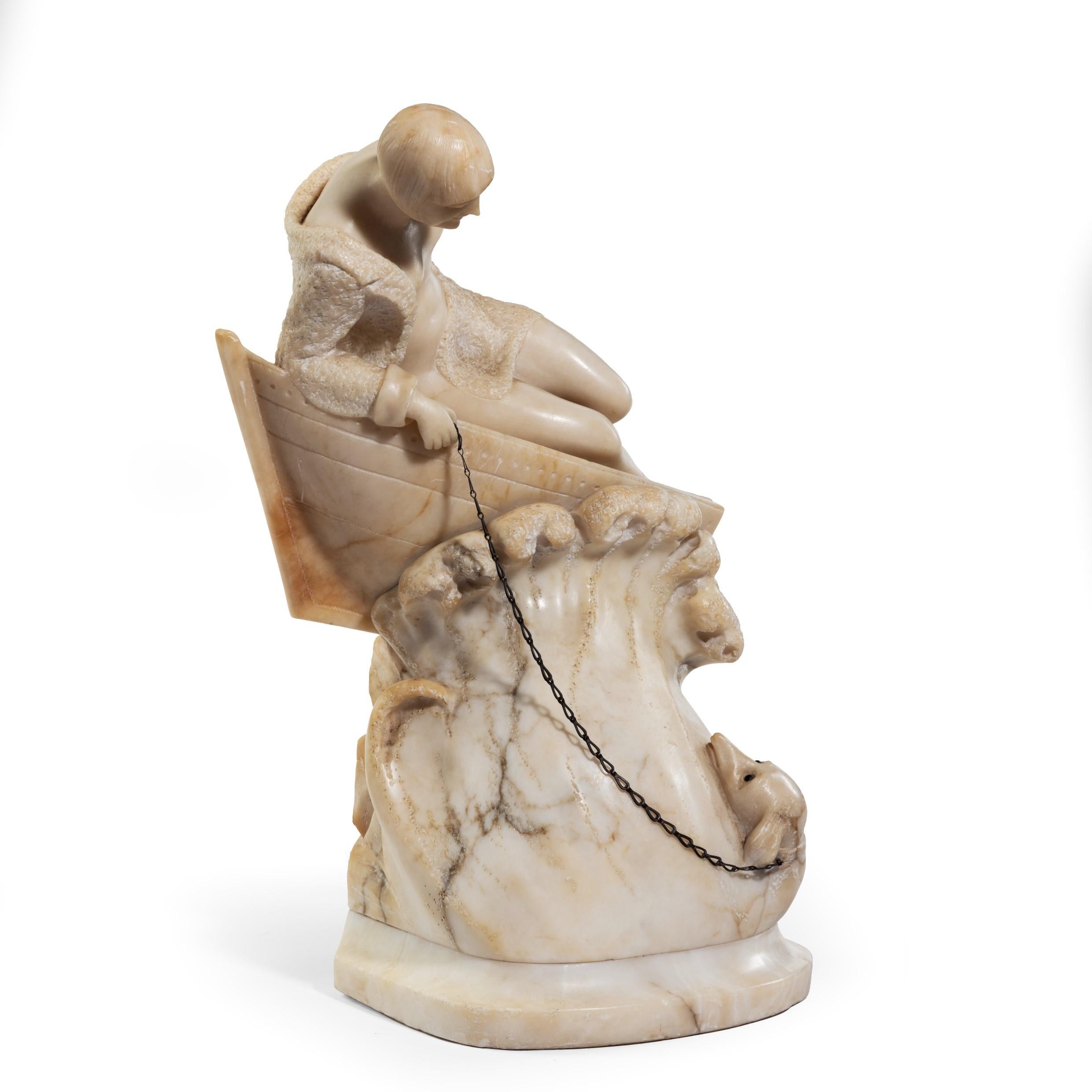 Art Déco Scultura in alabastro Art Carved di una ragazza vestita in modo succinto Inglese, circa 1920 in vendita