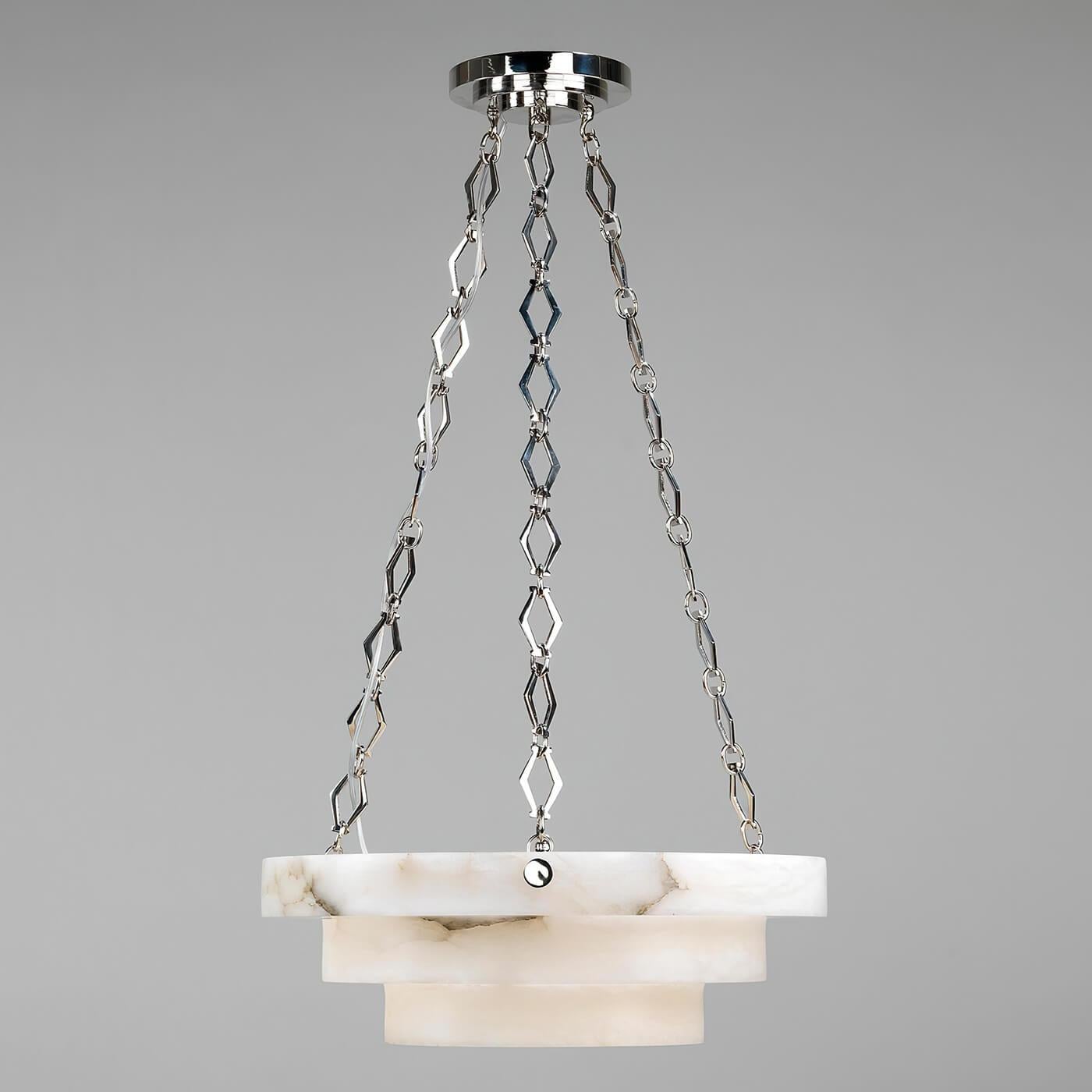 An Art Deco-inspired chandelier, understated in style, with a fine hand-finished Italian alabaster bowl suspended from nickel-plated diamond-shaped chains. 

All components are produced from solid cast brass, which are then nickel plated, for the