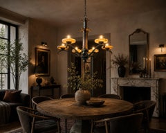 Art Deco Alabaster Chandelier, French 6-Light Iron Fixture, 29” Diameter, 1930s