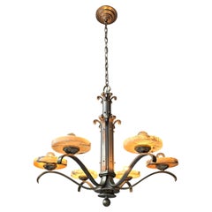 Art Deco Alabaster Chandelier, French 6-Light Iron Fixture, 29” Diameter, 1930s