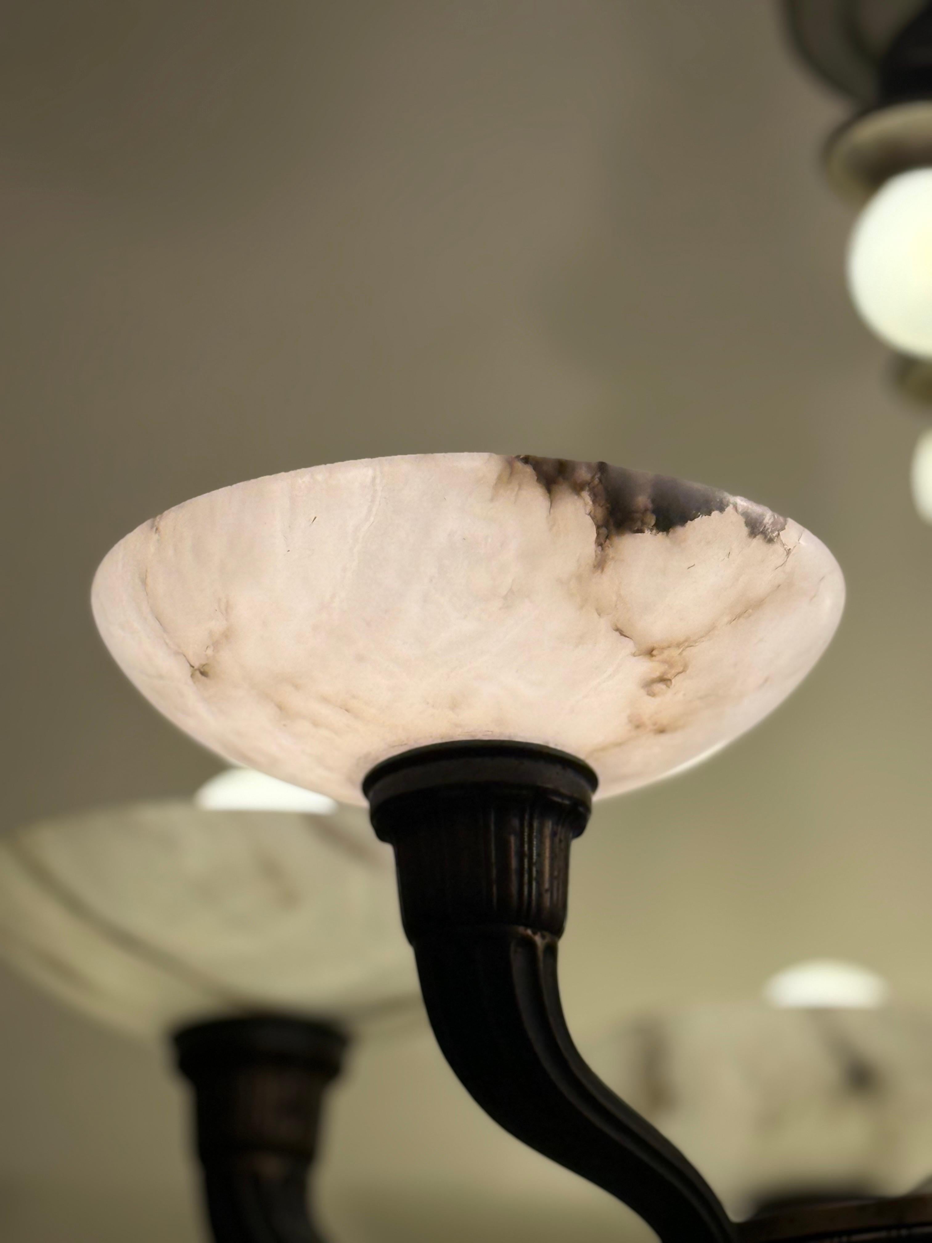Art Deco Alabaster-Kronleuchter mit 9 Lichtern, Deutschland 1930er Jahre im Angebot 4