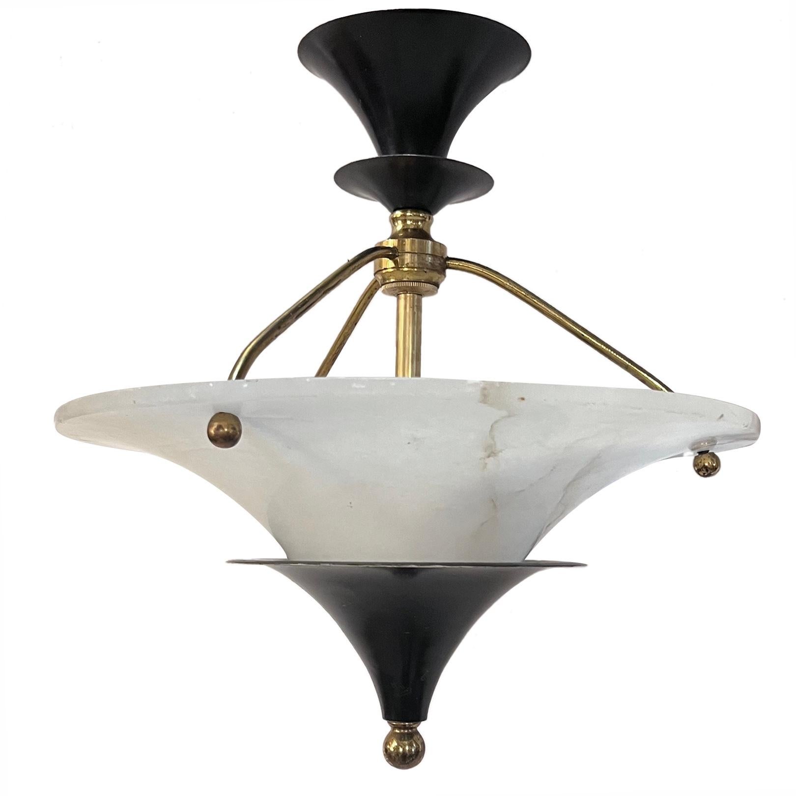 A circa 1930s French alabaster pendant light fixture with tole body.

Measurements:
Present drop: 20