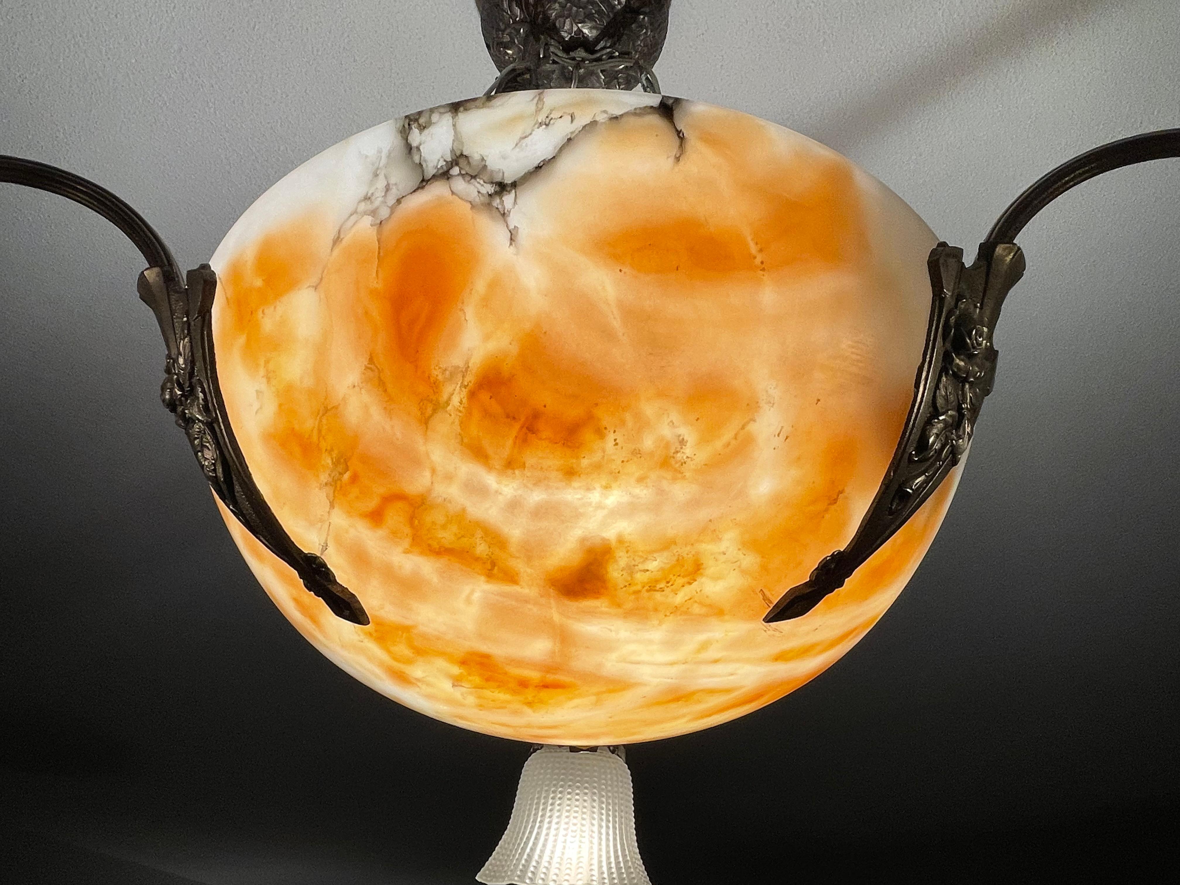 Art Deco Alabaster Pendant / Chandelier w. Glass Shades & Bronze Rose Sculptures For Sale 6