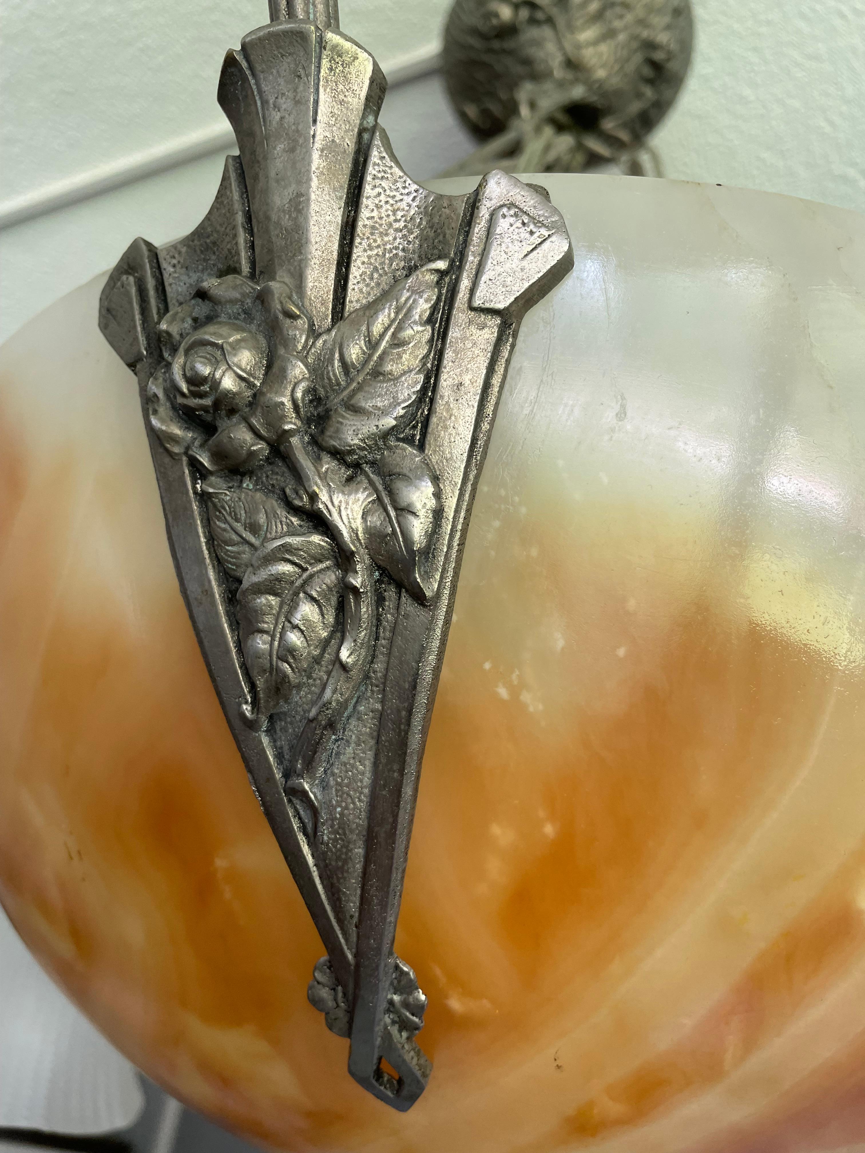 Art Deco Alabaster Pendant / Chandelier w. Glass Shades & Bronze Rose Sculptures For Sale 7