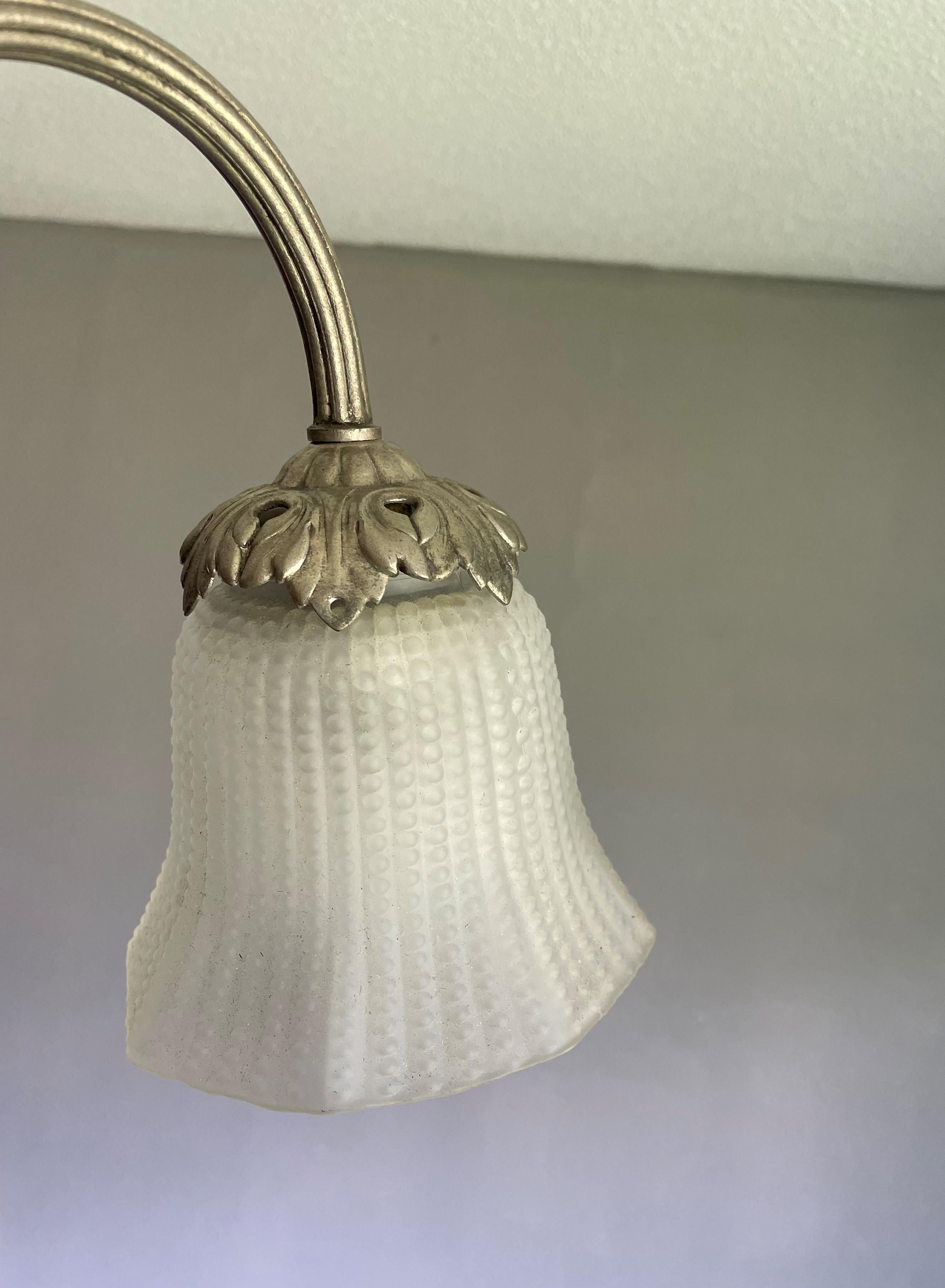 Art Deco Alabaster Pendant / Chandelier w. Glass Shades & Bronze Rose Sculptures 10