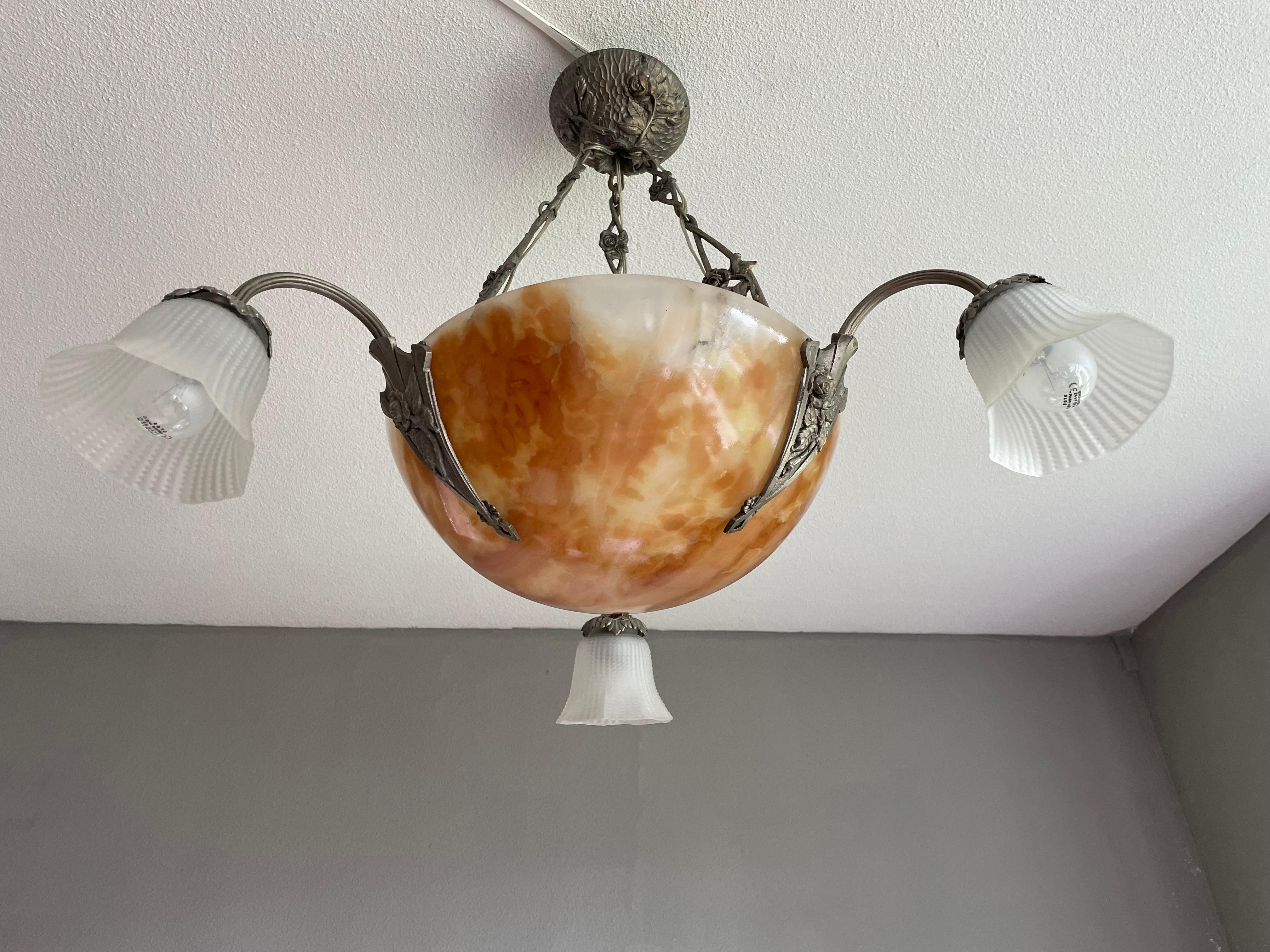 Art Deco Alabaster Pendant / Chandelier w. Glass Shades & Bronze Rose Sculptures For Sale 13