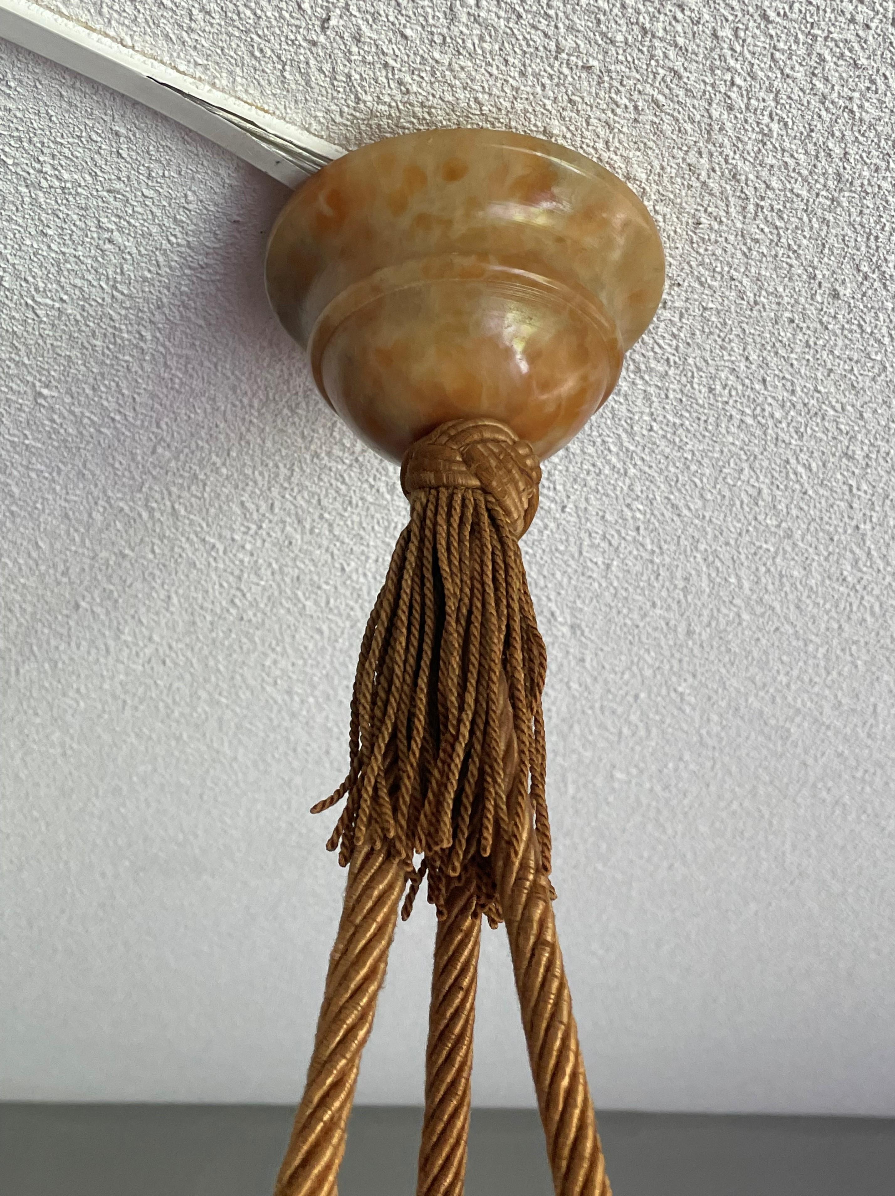 Art Deco Alabaster Pendant / Chandelier with Perfect Canopy & Dito Original Rope For Sale 2