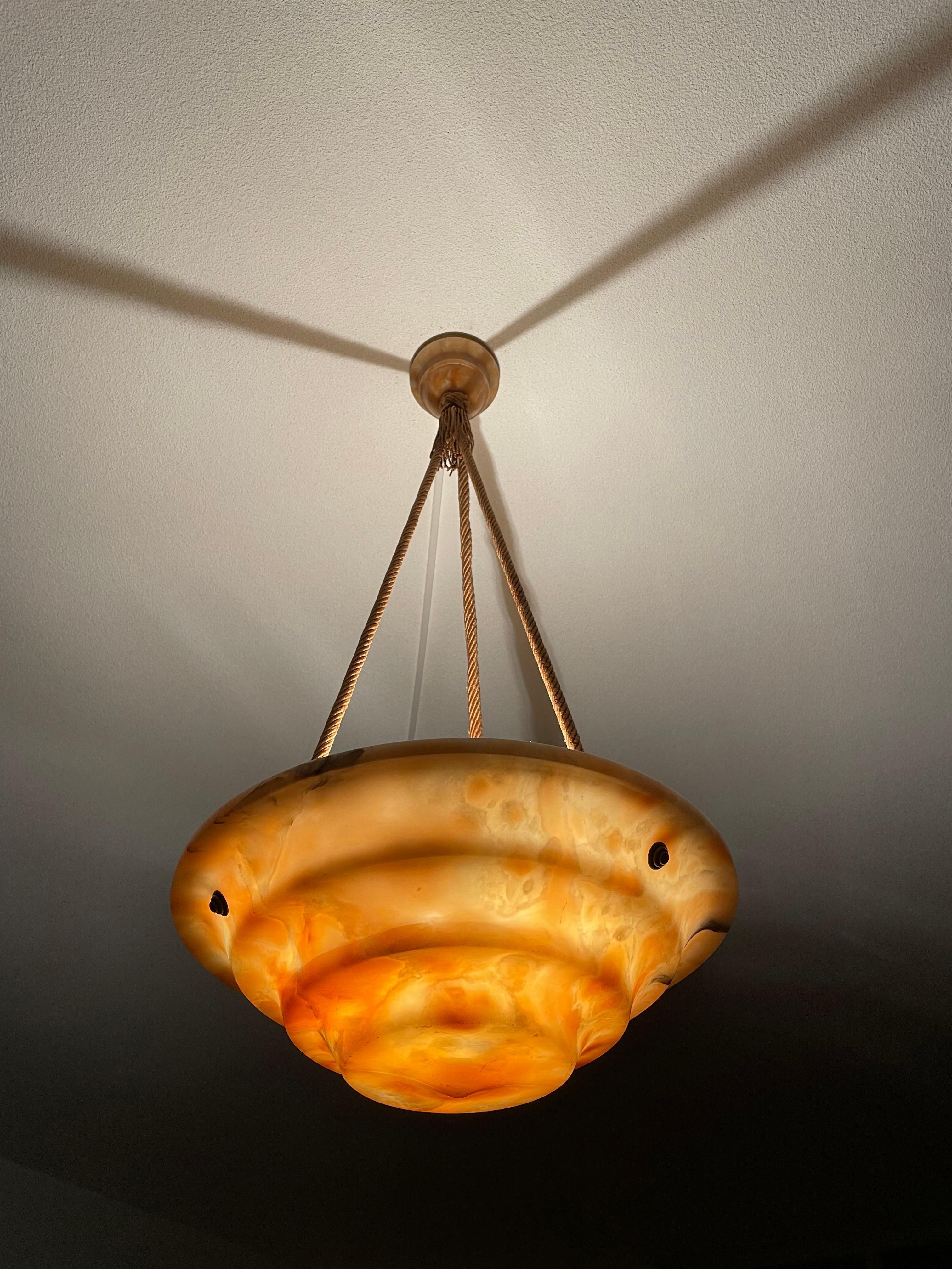 Art Deco Alabaster Pendant / Chandelier with Perfect Canopy & Dito Original Rope For Sale 3