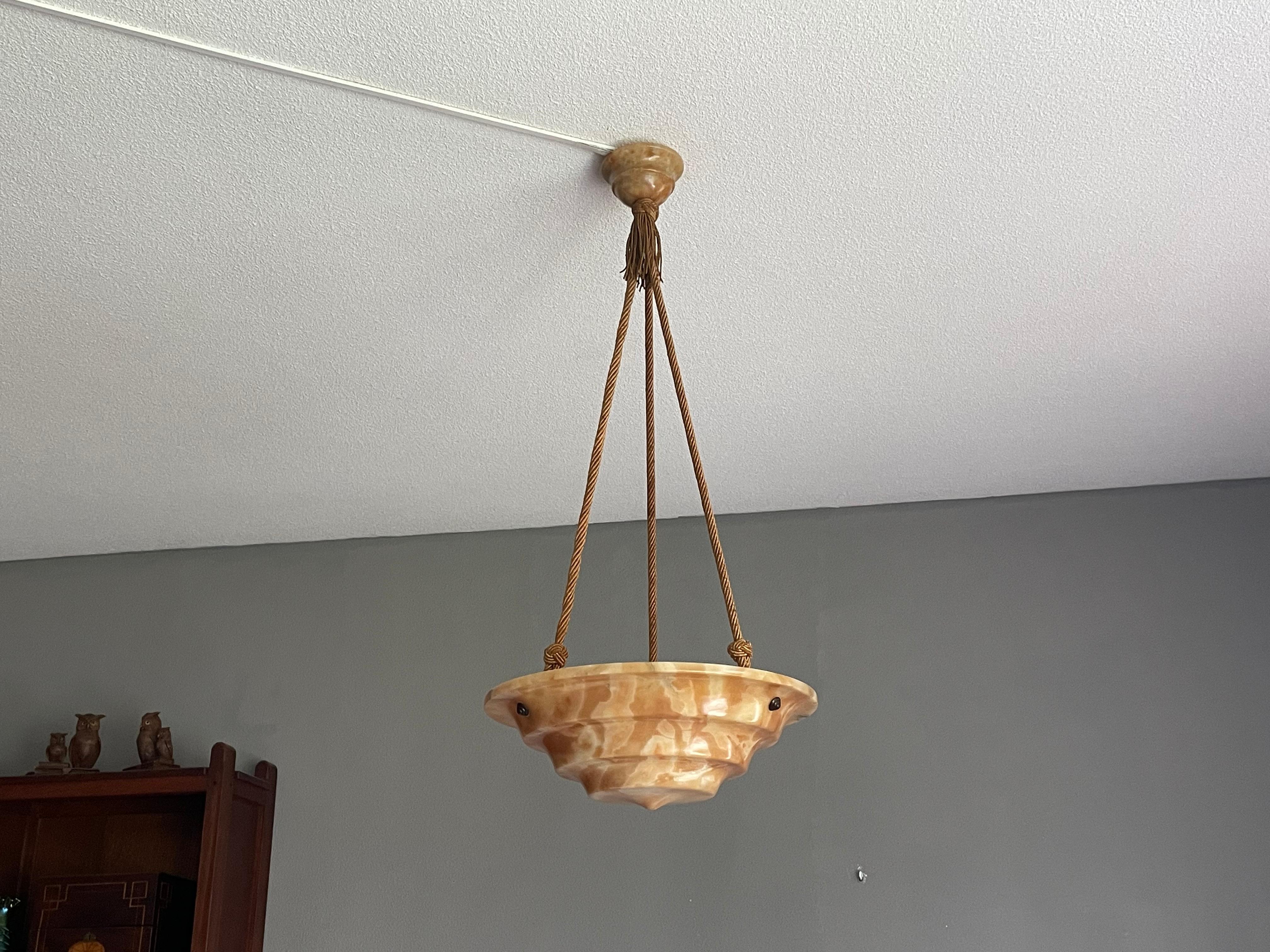 Art Deco Alabaster Pendant / Chandelier with Perfect Canopy & Dito Original Rope For Sale 4