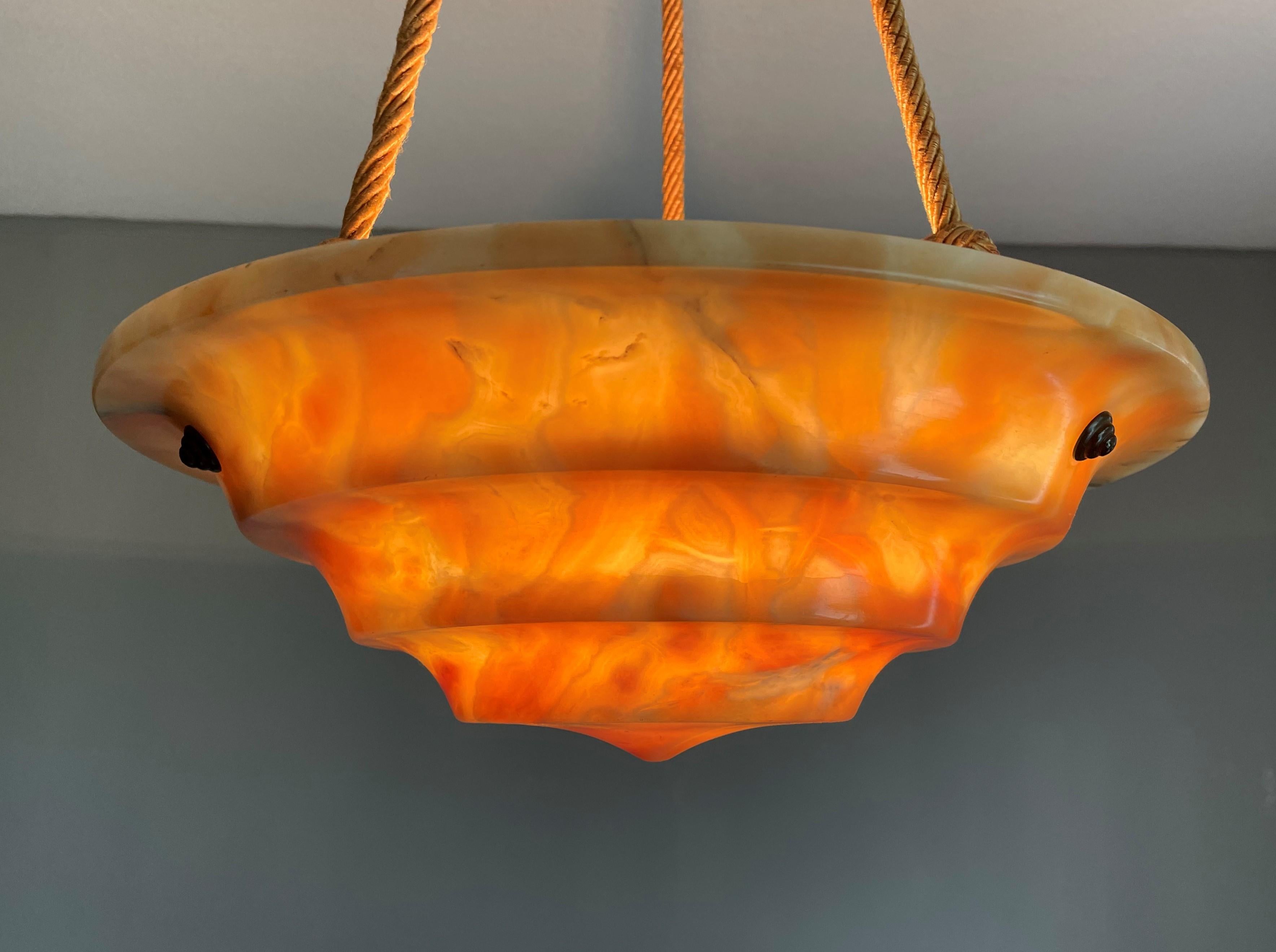 Art Deco Alabaster Pendant / Chandelier with Perfect Canopy & Dito Original Rope For Sale 5