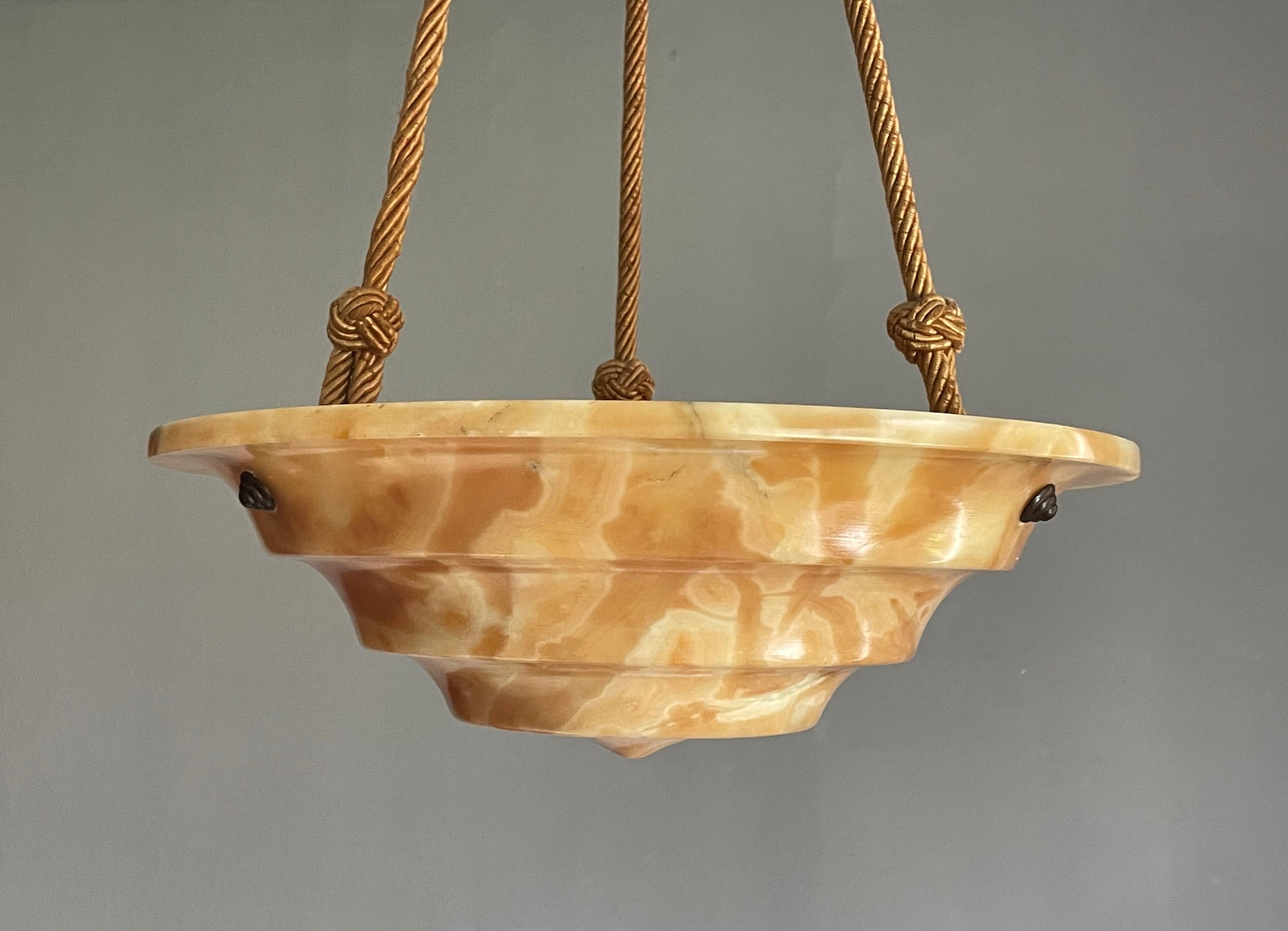 Art Deco Alabaster Pendant / Chandelier with Perfect Canopy & Dito Original Rope For Sale 6