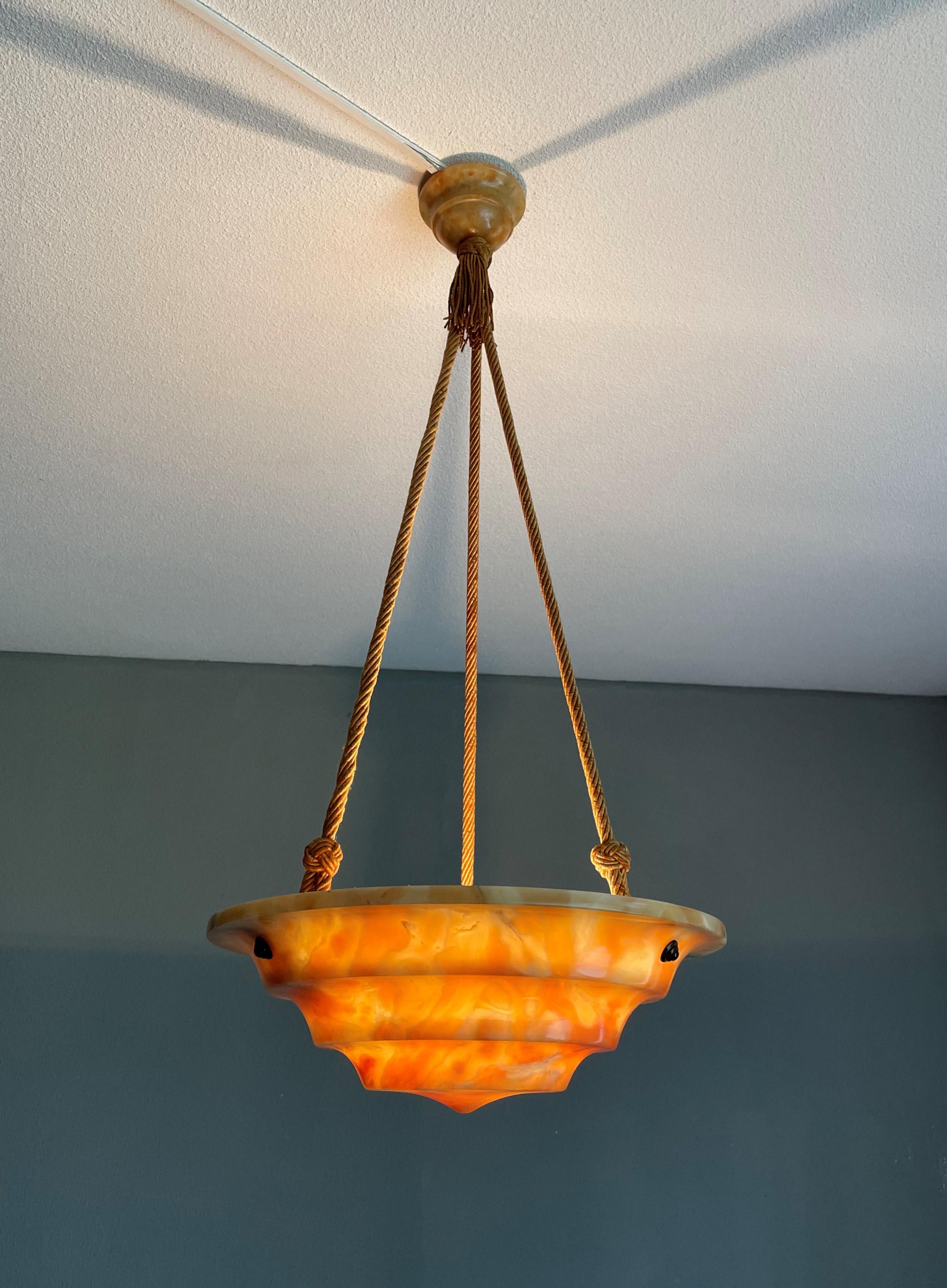 Art Deco Alabaster Pendant / Chandelier with Perfect Canopy & Dito Original Rope For Sale 7