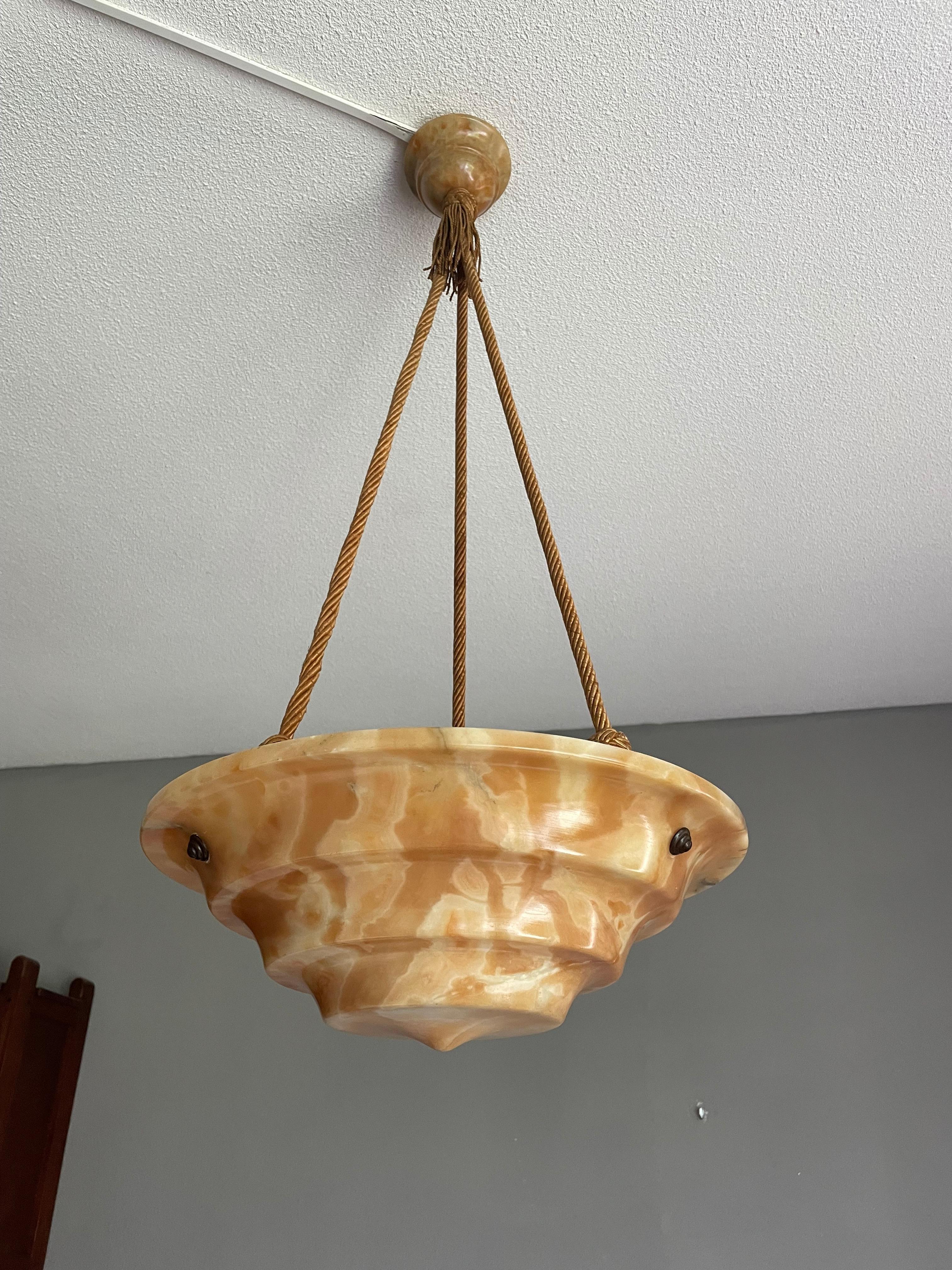 Art Deco Alabaster Pendant / Chandelier with Perfect Canopy & Dito Original Rope For Sale 8