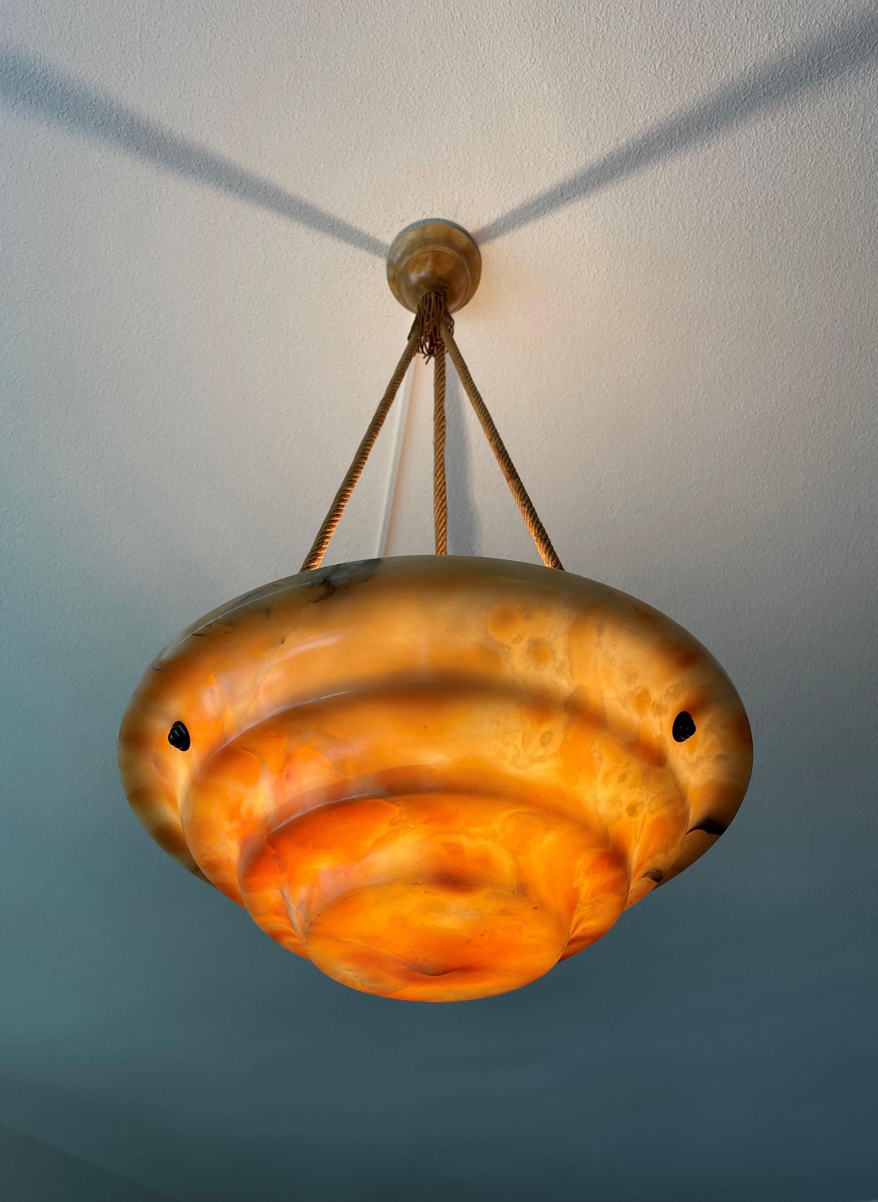 Art Deco Alabaster Pendant / Chandelier with Perfect Canopy & Dito Original Rope For Sale 11