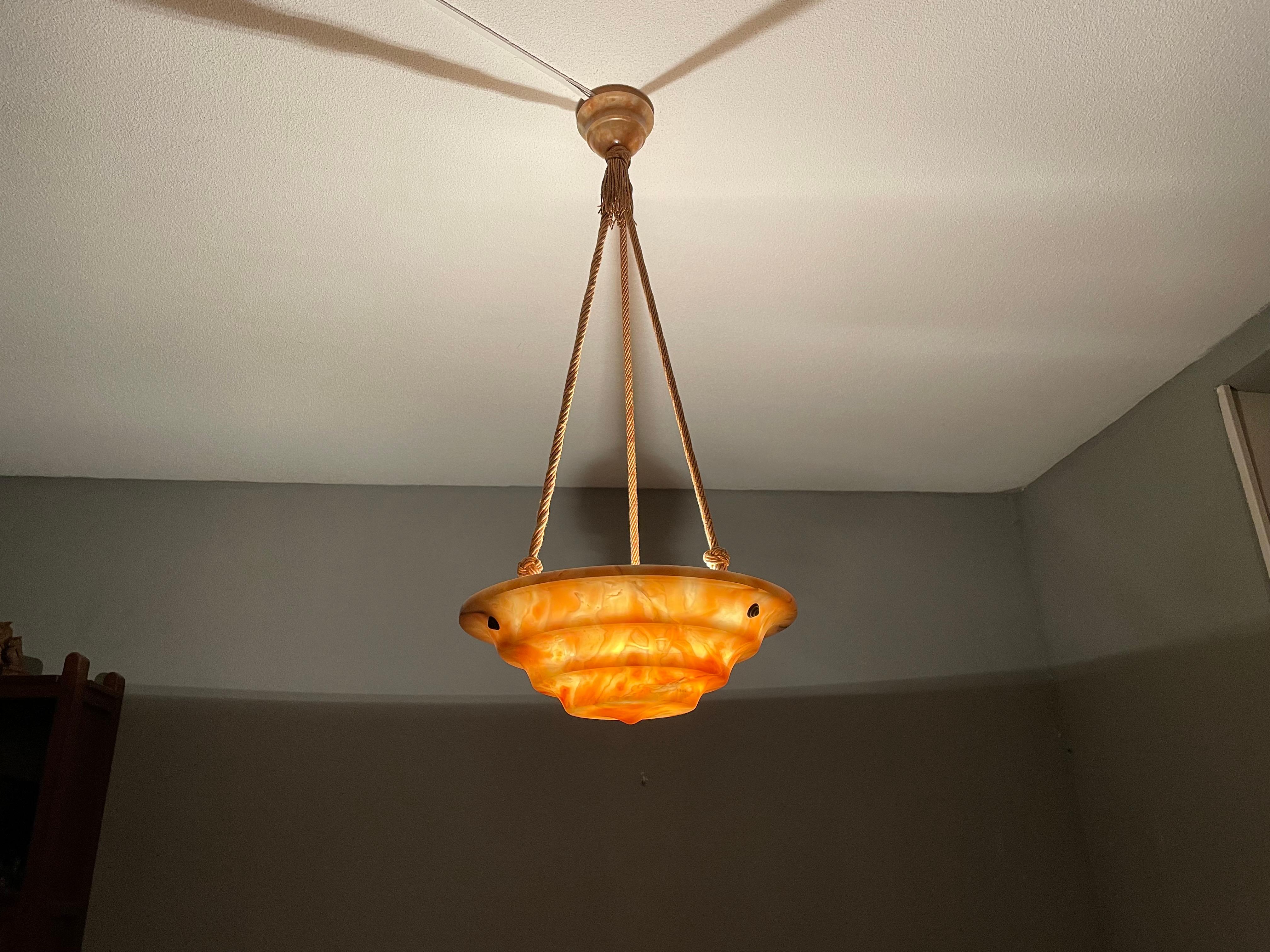 Art Deco Alabaster Pendant / Chandelier with Perfect Canopy & Dito Original Rope For Sale 12