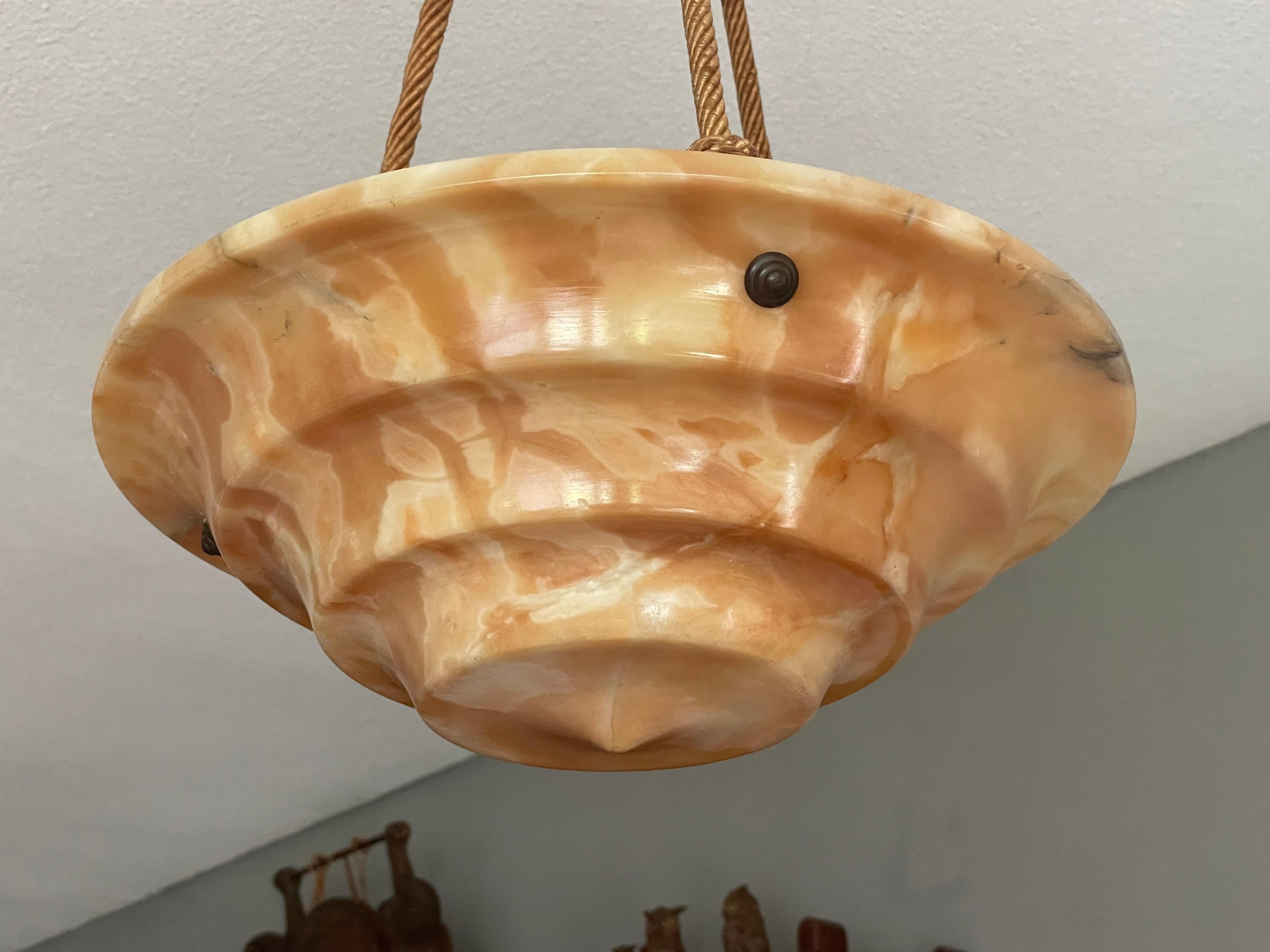 European Art Deco Alabaster Pendant / Chandelier with Perfect Canopy & Dito Original Rope For Sale