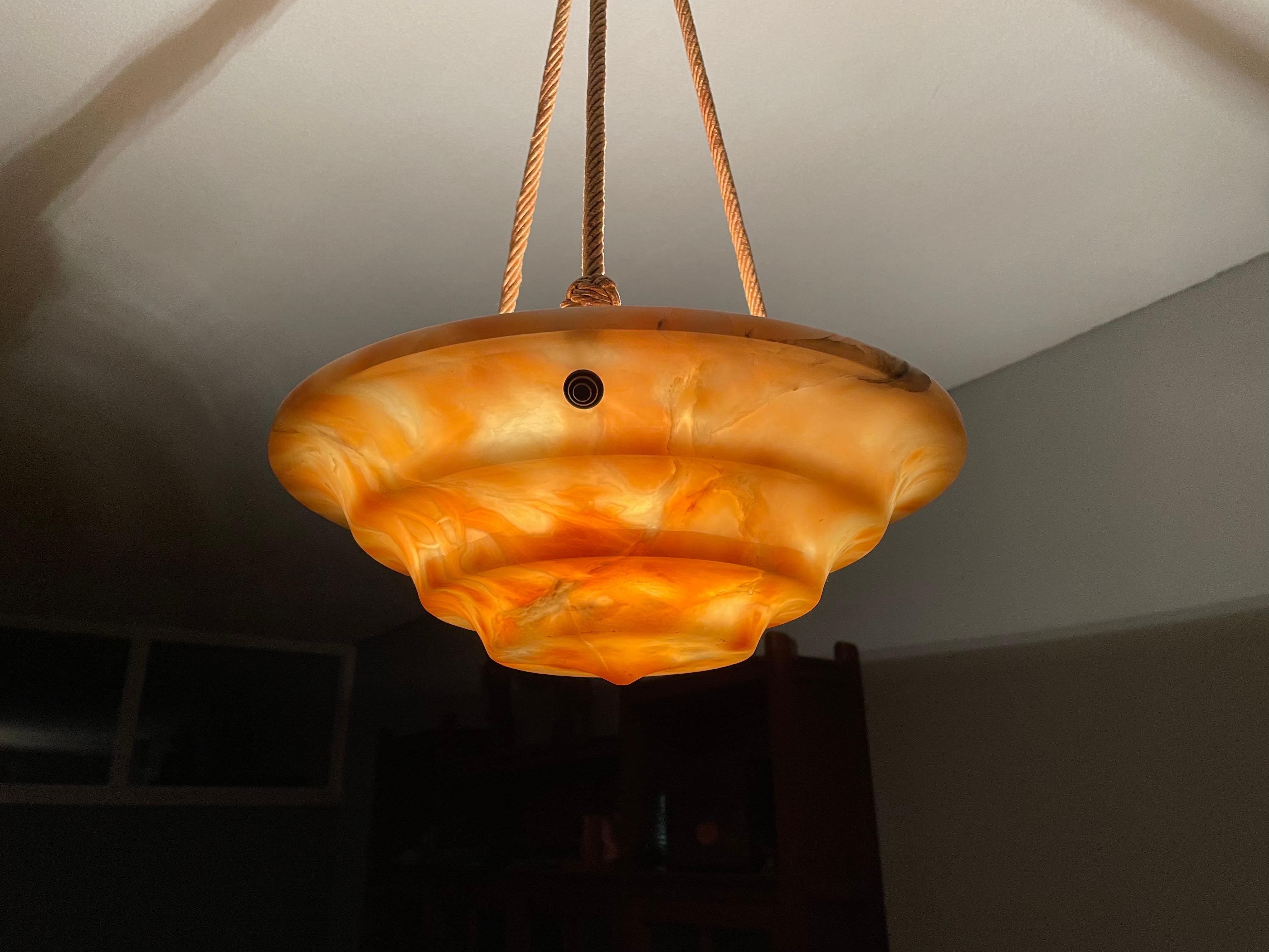Hand-Carved Art Deco Alabaster Pendant / Chandelier with Perfect Canopy & Dito Original Rope For Sale