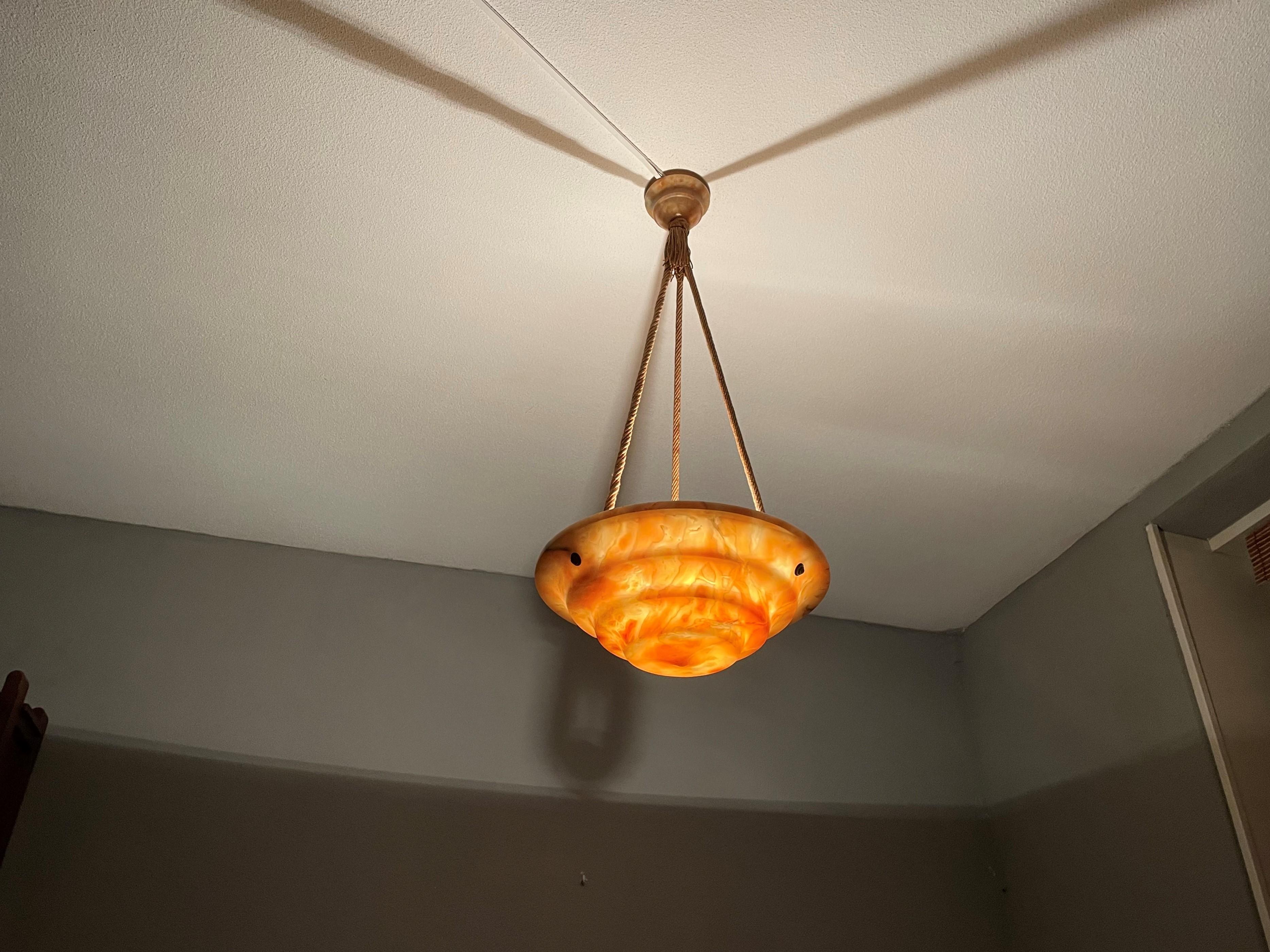 20th Century Art Deco Alabaster Pendant / Chandelier with Perfect Canopy & Dito Original Rope For Sale