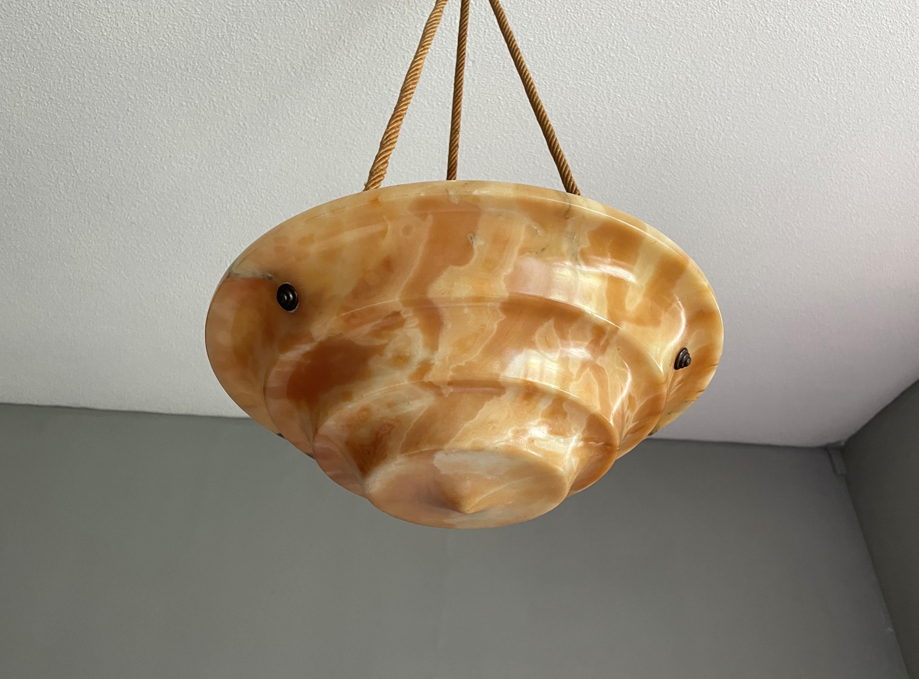 Brass Art Deco Alabaster Pendant / Chandelier with Perfect Canopy & Dito Original Rope For Sale